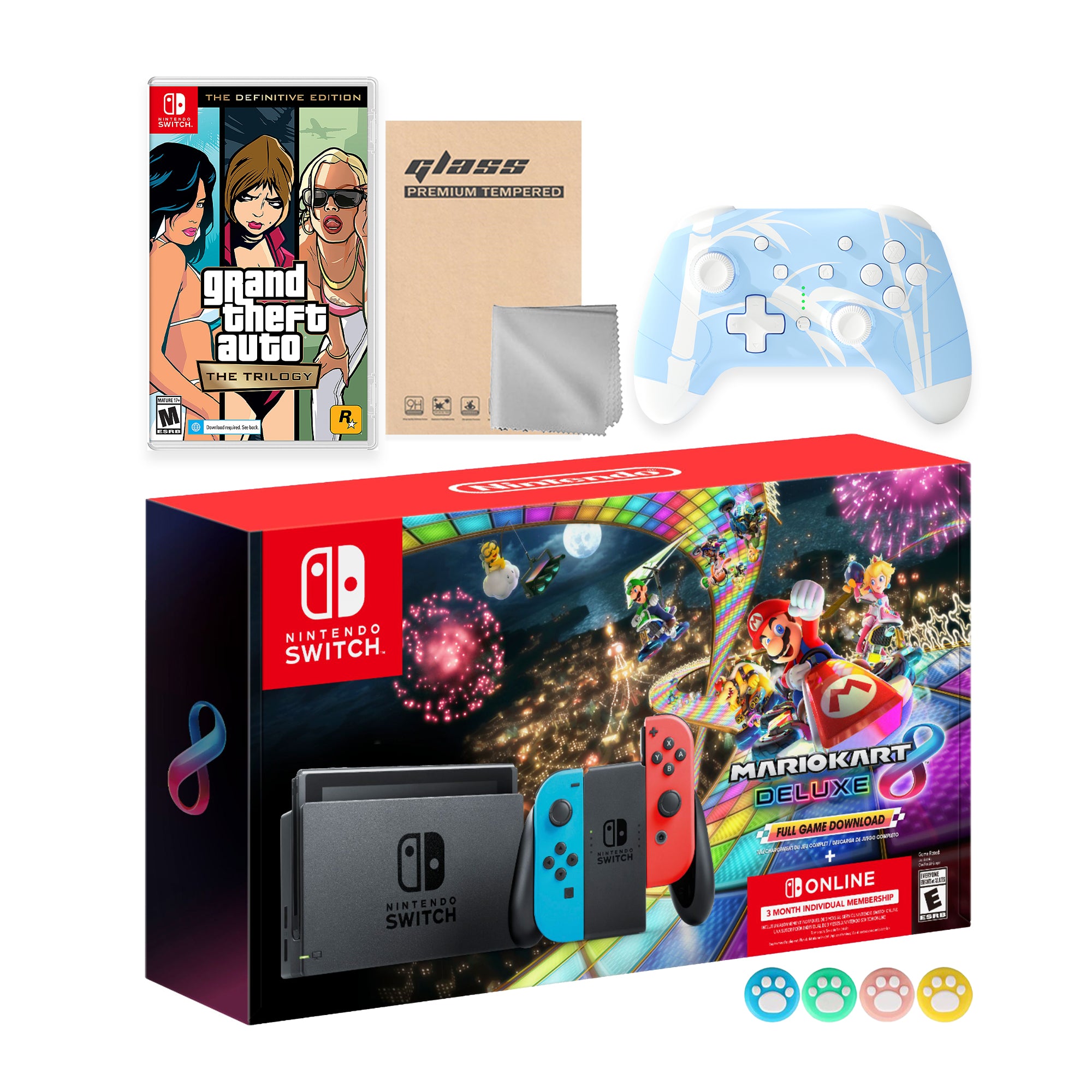 Nintendo Switch Mario Kart 8 Deluxe Bundle: Red Blue Console, Mario Kart 8 & Membership with Grand Theft Auto: The Trilogy with Mytrix Wireless Pro Controller Blue Bamboo and Accessories