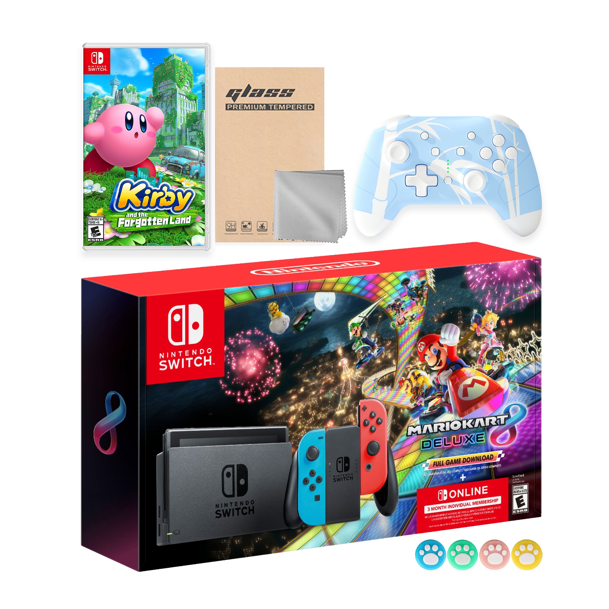 Nintendo Switch Mario Kart 8 Deluxe Bundle: Red Blue Console, Mario Kart 8 & Membership with Kirby and the Forgotten Land with Mytrix Wireless Pro Controller Blue Bamboo and Accessories