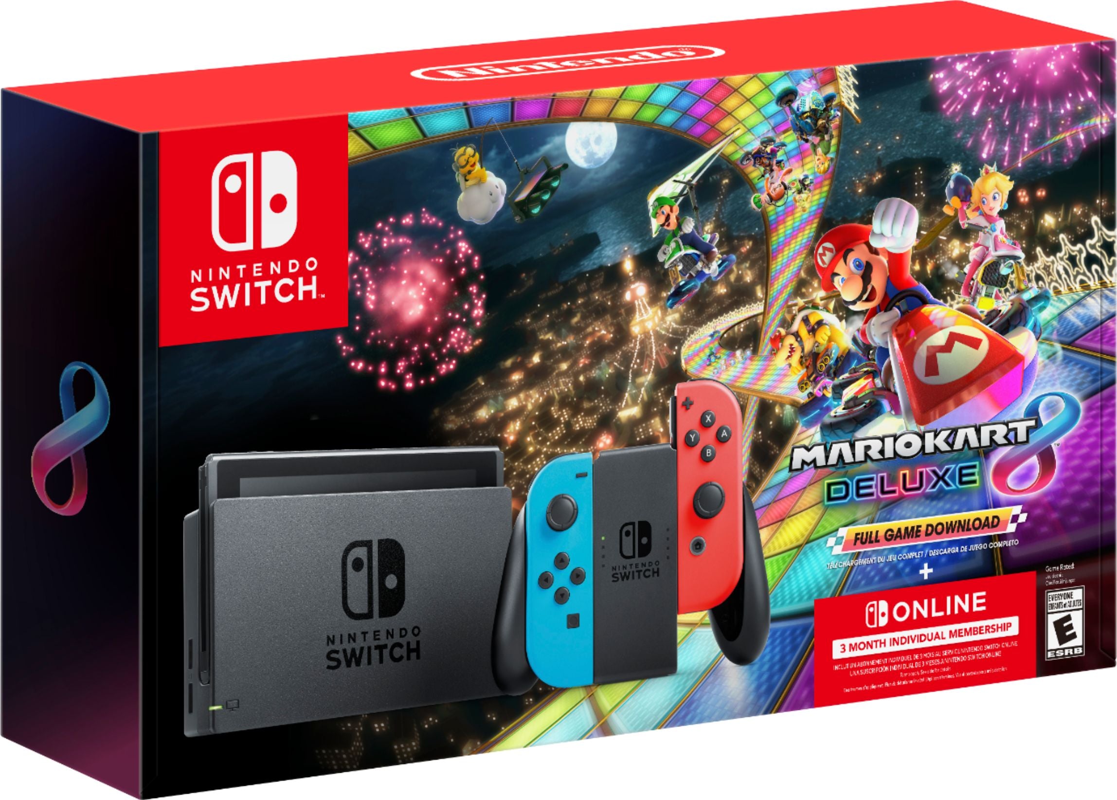 Nintendo Switch Mario Kart 8 Neon Deluxe Racing Bundle: Red Blue Joy Con Console, Mario Kart 8 Deluxe & Online Membership, Travel Case, Additional Red/Blue JoyCons, 4 Pcs Mytrix Wheels & Grips