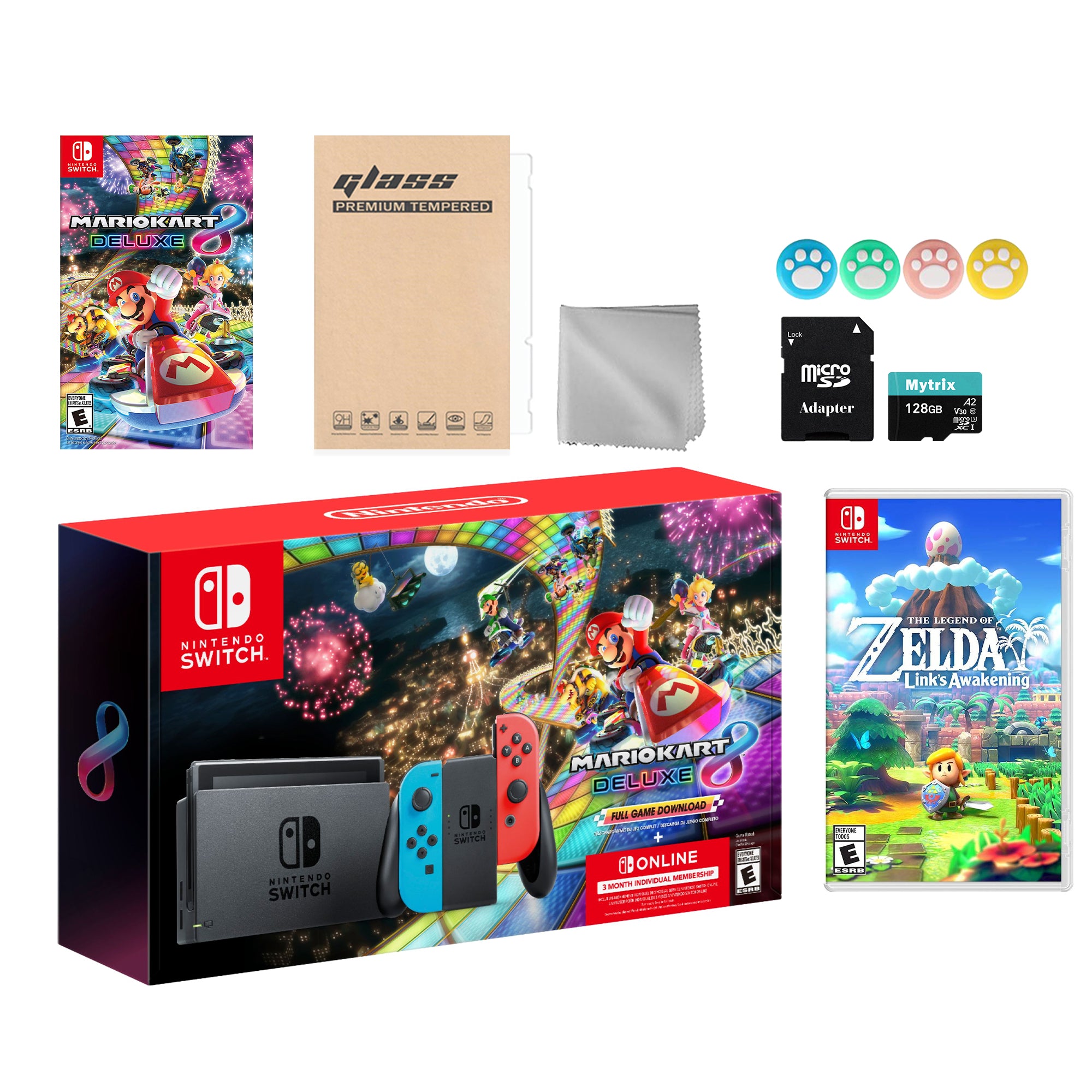 Nintendo Switch Mario Kart 8 Deluxe Bundle: Red Blue Console, Mario Kart 8 & Membership, Legend of Zelda Link's Awakening, Mytrix 128GB MicroSD Card and Accessories