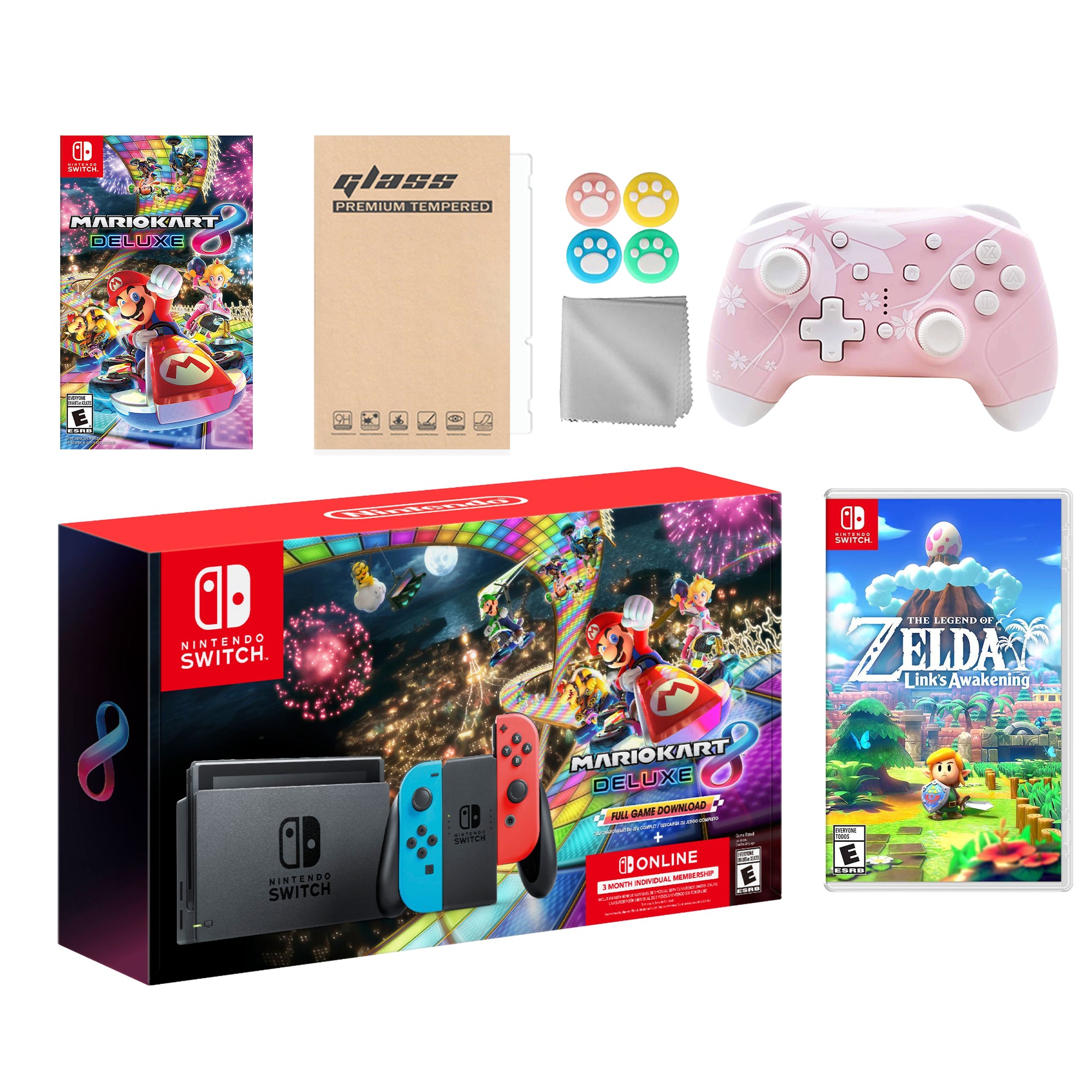 Nintendo Switch Mario Kart 8 Deluxe Bundle: Red Blue Console, Mario Kart 8 & Membership, Legend of Zelda Link's Awakening, Mytrix Wireless Pro Controller Pink Cherry Blossom and Accessories