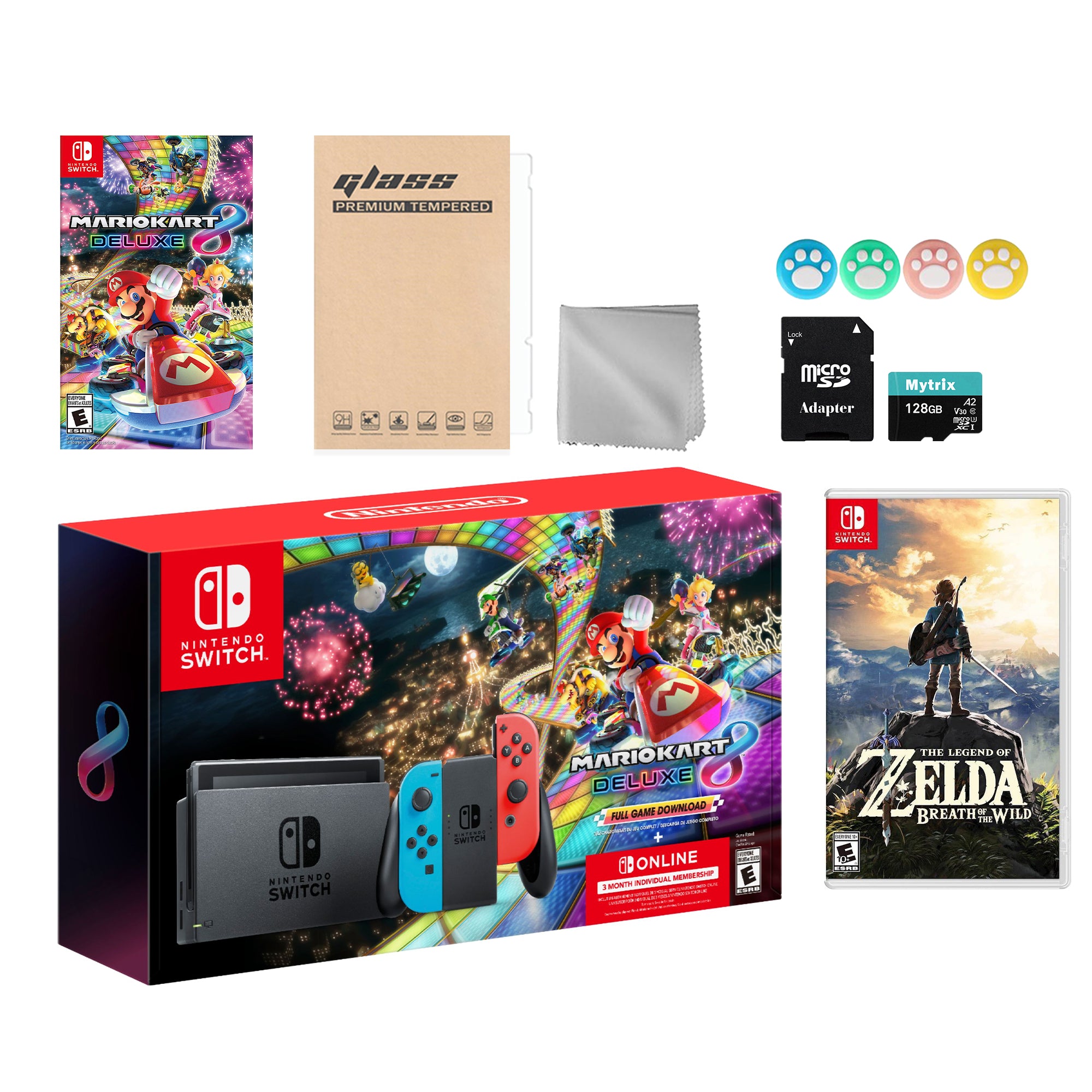 Nintendo Switch Mario Kart 8 Deluxe Bundle: Red Blue Console, Mario Kart 8 & Membership, The Legend of Zelda: Breath of the Wild, Mytrix 128GB MicroSD Card and Accessories