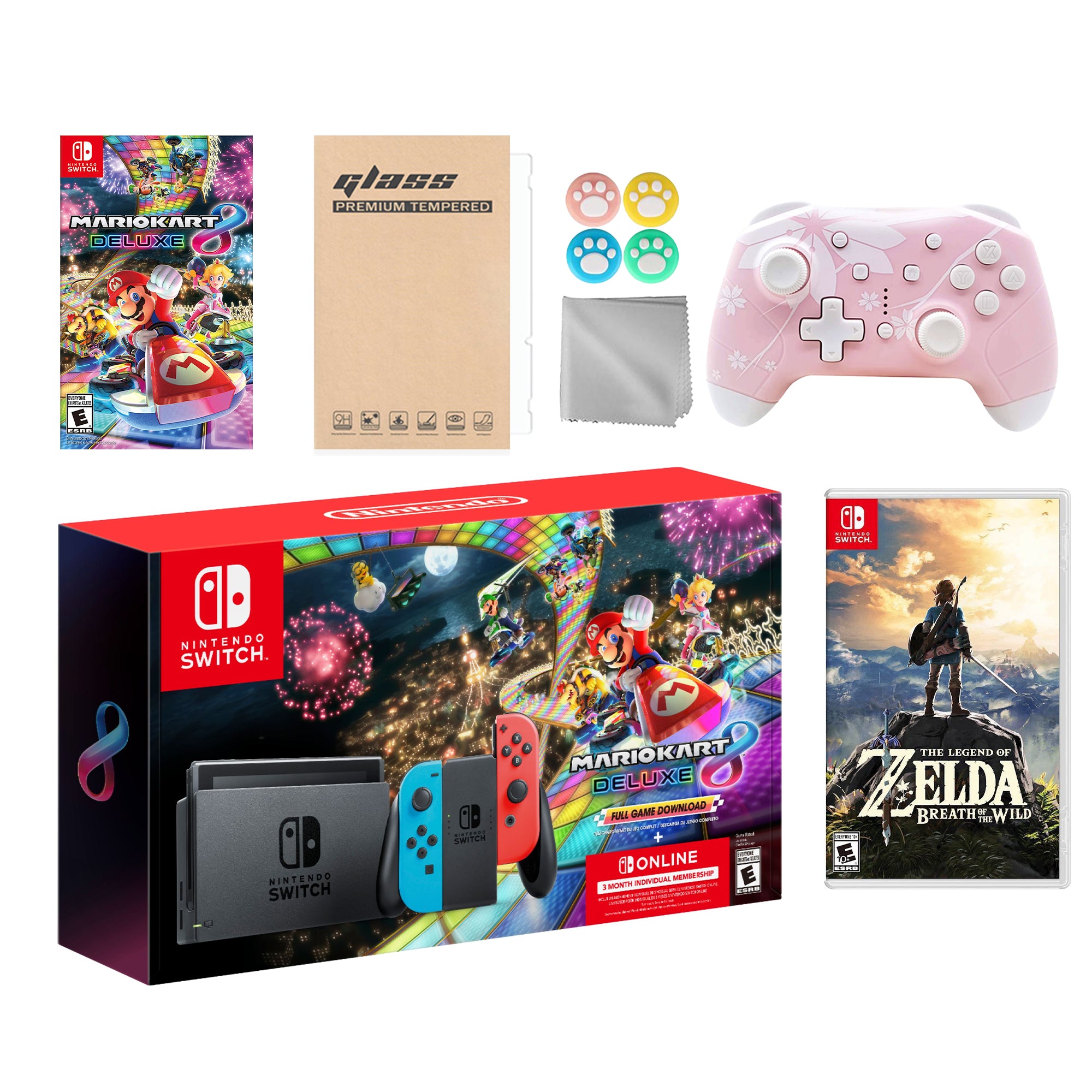 Nintendo Switch Mario Kart 8 Deluxe Bundle: Red Blue Console, Mario Kart 8 & Membership, The Legend of Zelda: Breath of the Wild, Mytrix Wireless Pro Controller Pink Cherry Blossom and Accessories