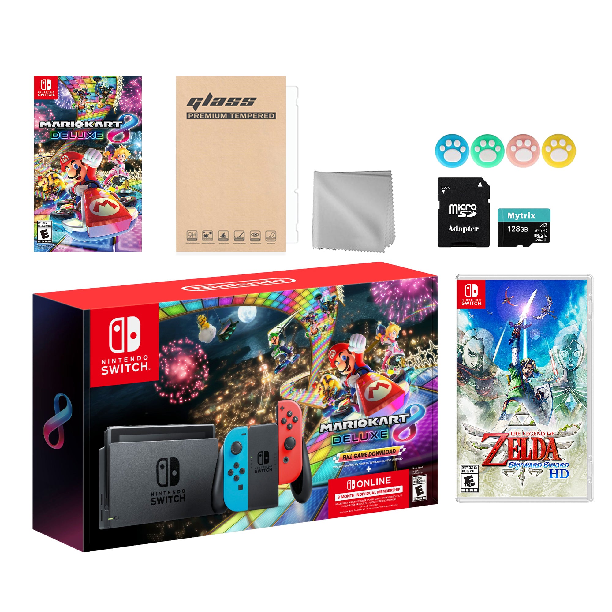 Nintendo Switch Mario Kart 8 Deluxe Bundle: Red Blue Console, Mario Kart 8 & Membership, The Legend of Zelda: Skyward Sword HD, Mytrix 128GB MicroSD Card and Accessories