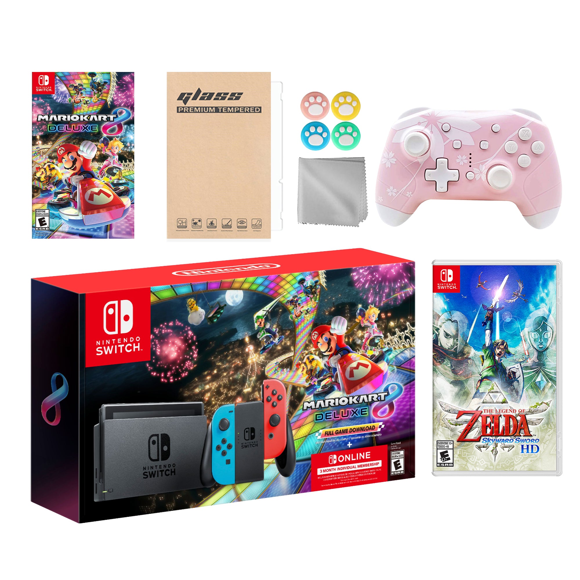Nintendo Switch Mario Kart 8 Deluxe Bundle: Red Blue Console, Mario Kart 8 & Membership, The Legend of Zelda: Skyward Sword HD, Mytrix Wireless Pro Controller Pink Cherry Blossom and Accessories