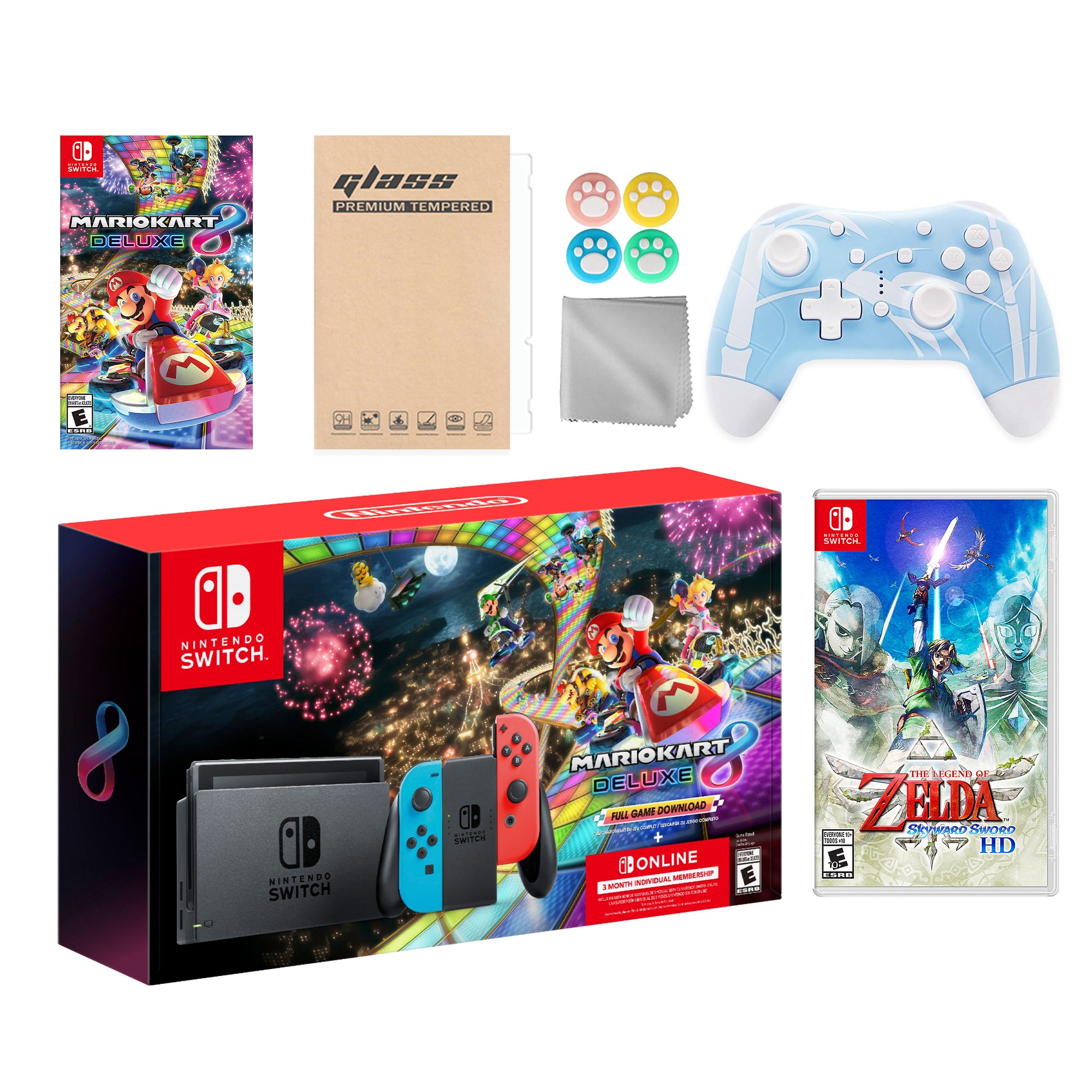 Nintendo Switch Mario Kart 8 Deluxe Bundle: Red Blue Console, Mario Kart 8 & Membership, The Legend of Zelda: Skyward Sword HD, Mytrix Wireless Pro Controller Blue Bamboo and Accessories