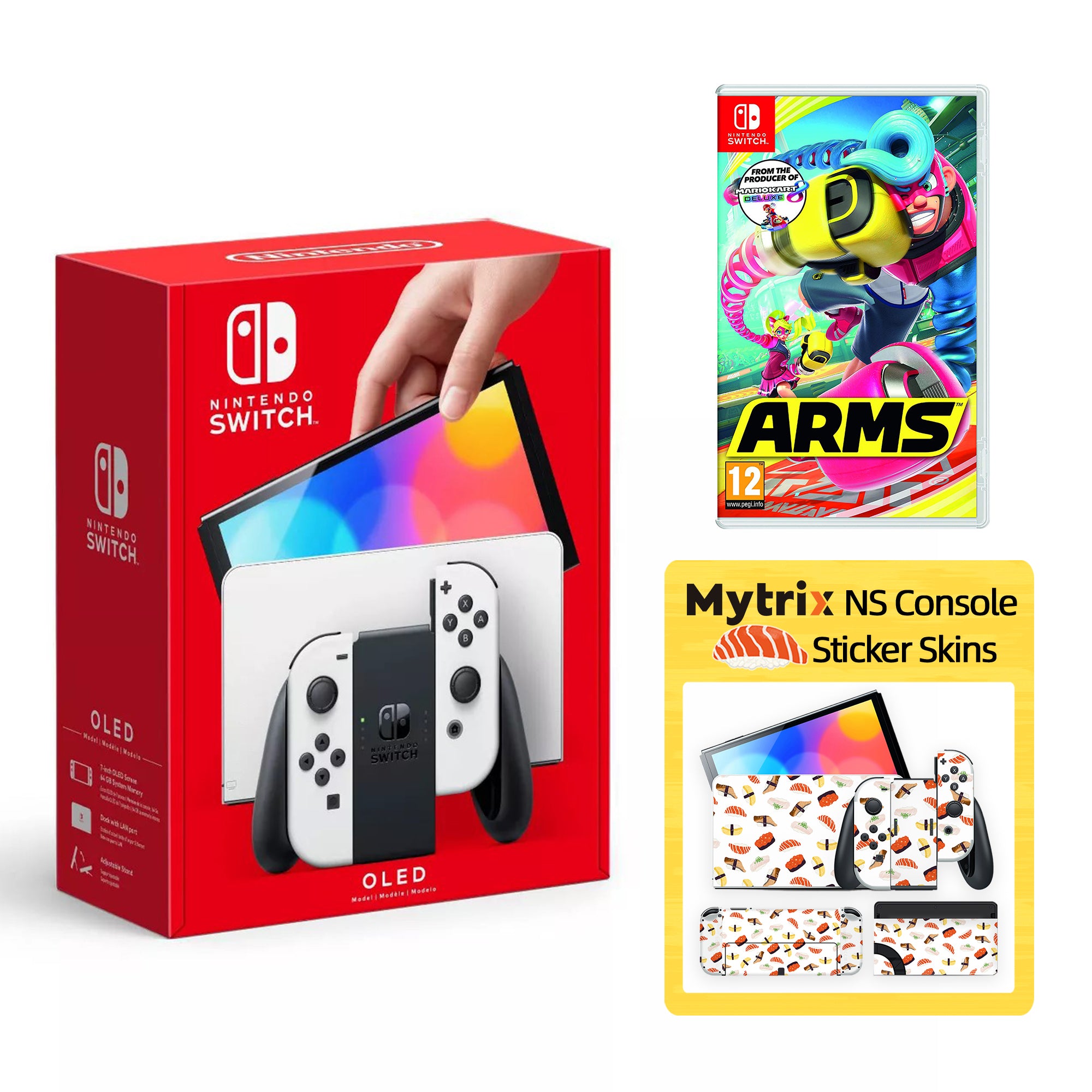 2022 New Nintendo Switch OLED Model Neon Red Blue with Arms and Mytrix Full Body Skin Sticker for NS OLED Console, Dock and Joycons - Sakura Pink