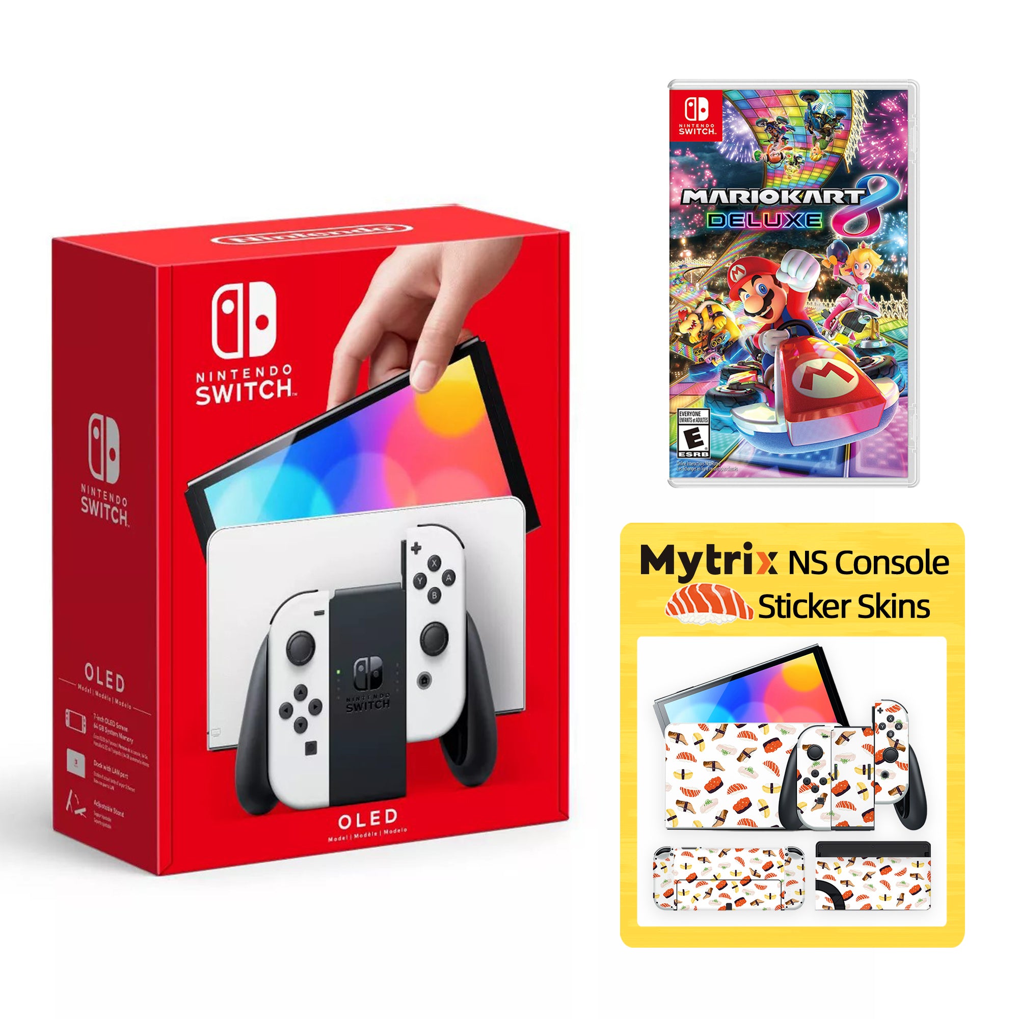 2022 New Nintendo Switch OLED Model Neon Red Blue with Mario Kart 8 Deluxe and Mytrix Full Body Skin Sticker for NS OLED Console, Dock and Joycons - Sakura Pink