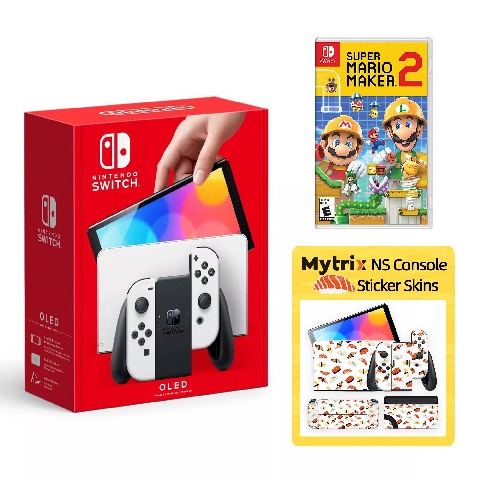 2022 New Nintendo Switch OLED Model Neon Red Blue with Super Mario Maker 2 and Mytrix Full Body Skin Sticker for NS OLED Console, Dock and Joycons - Sakura Pink