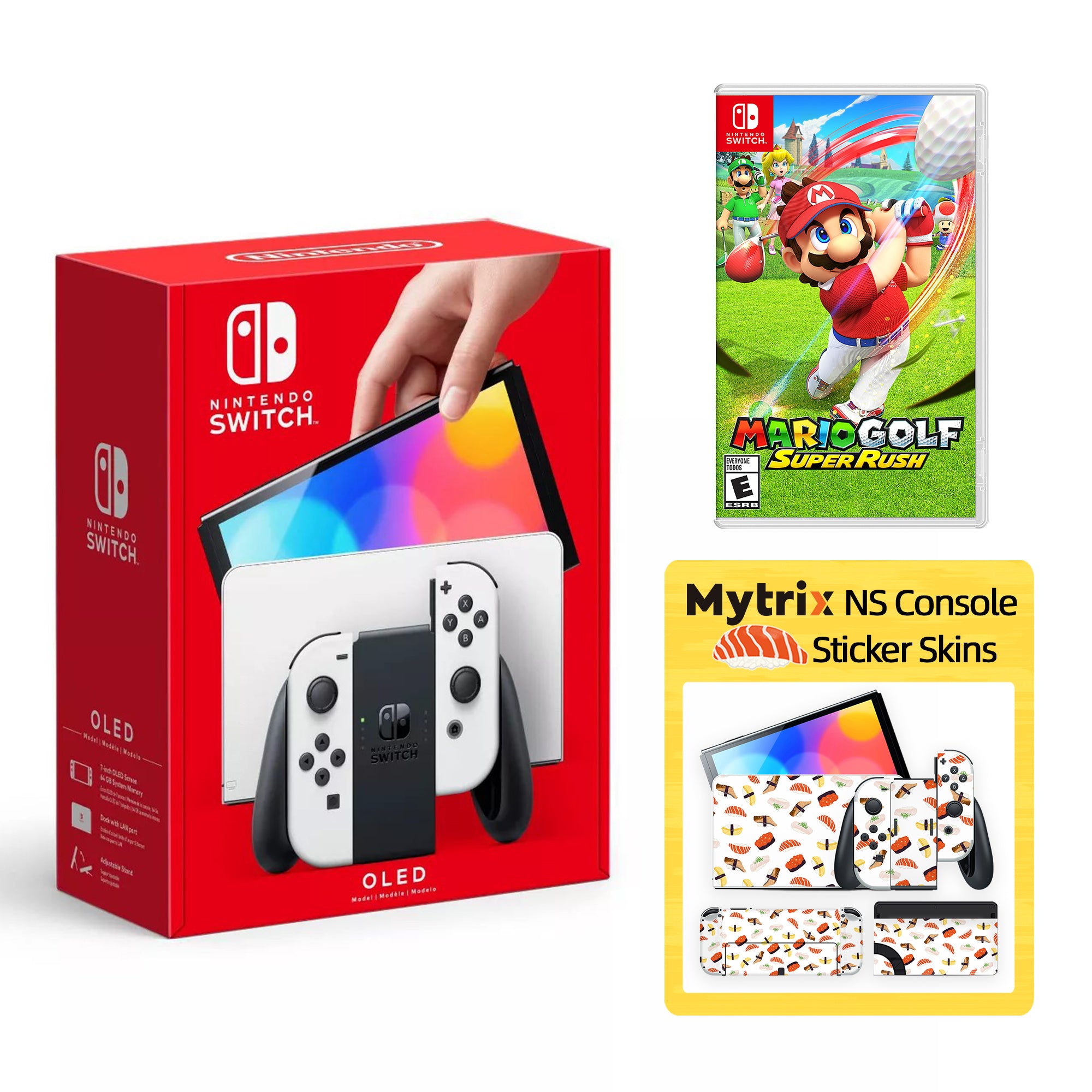2022 New Nintendo Switch OLED Model Neon Red Blue with Mario Golf: Super Rush and Mytrix Full Body Skin Sticker for NS OLED Console, Dock and Joycons - Sakura Pink