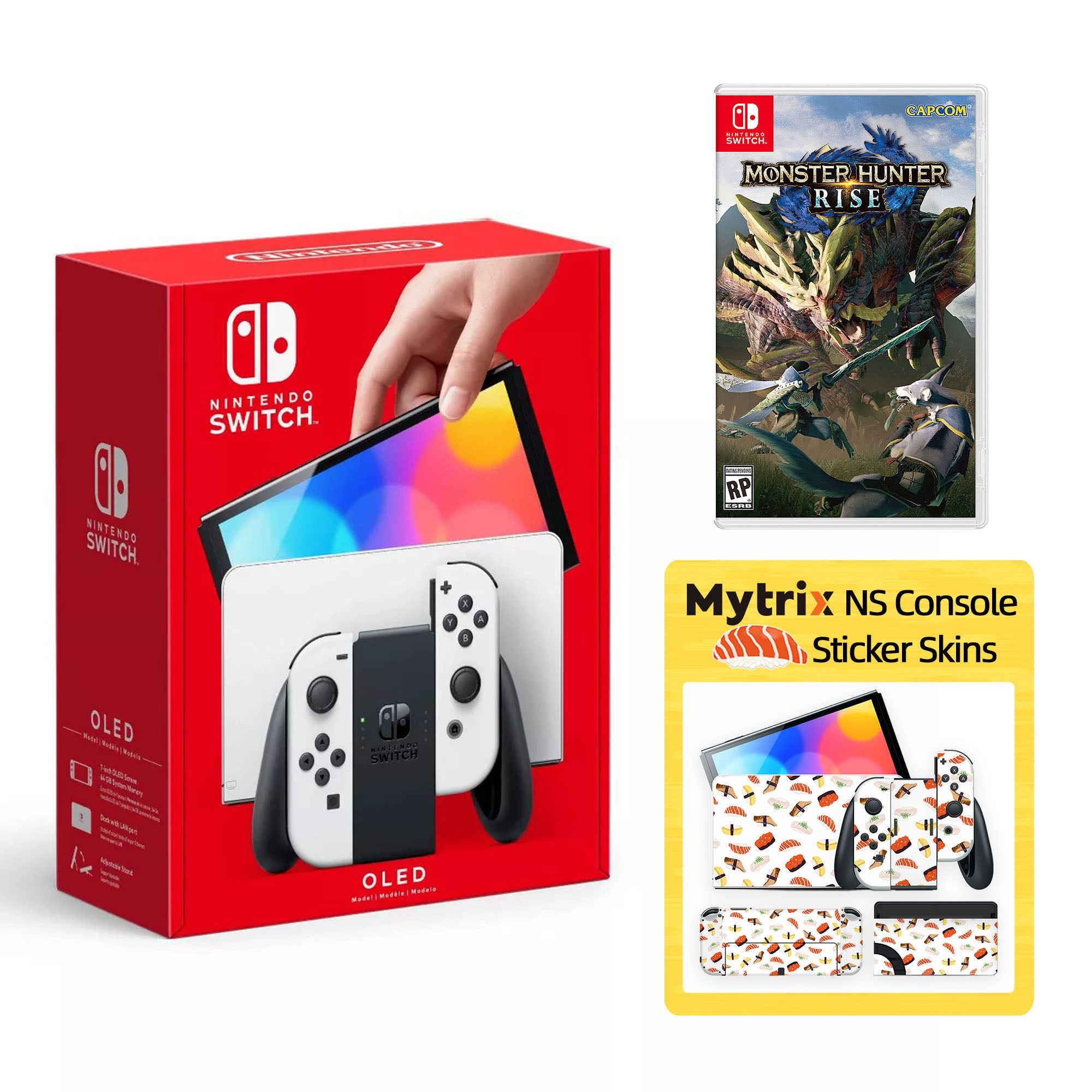 2022 New Nintendo Switch OLED Model Neon Red Blue with Monster Hunter: Rise and Mytrix Full Body Skin Sticker for NS OLED Console, Dock and Joycons - Sakura Pink