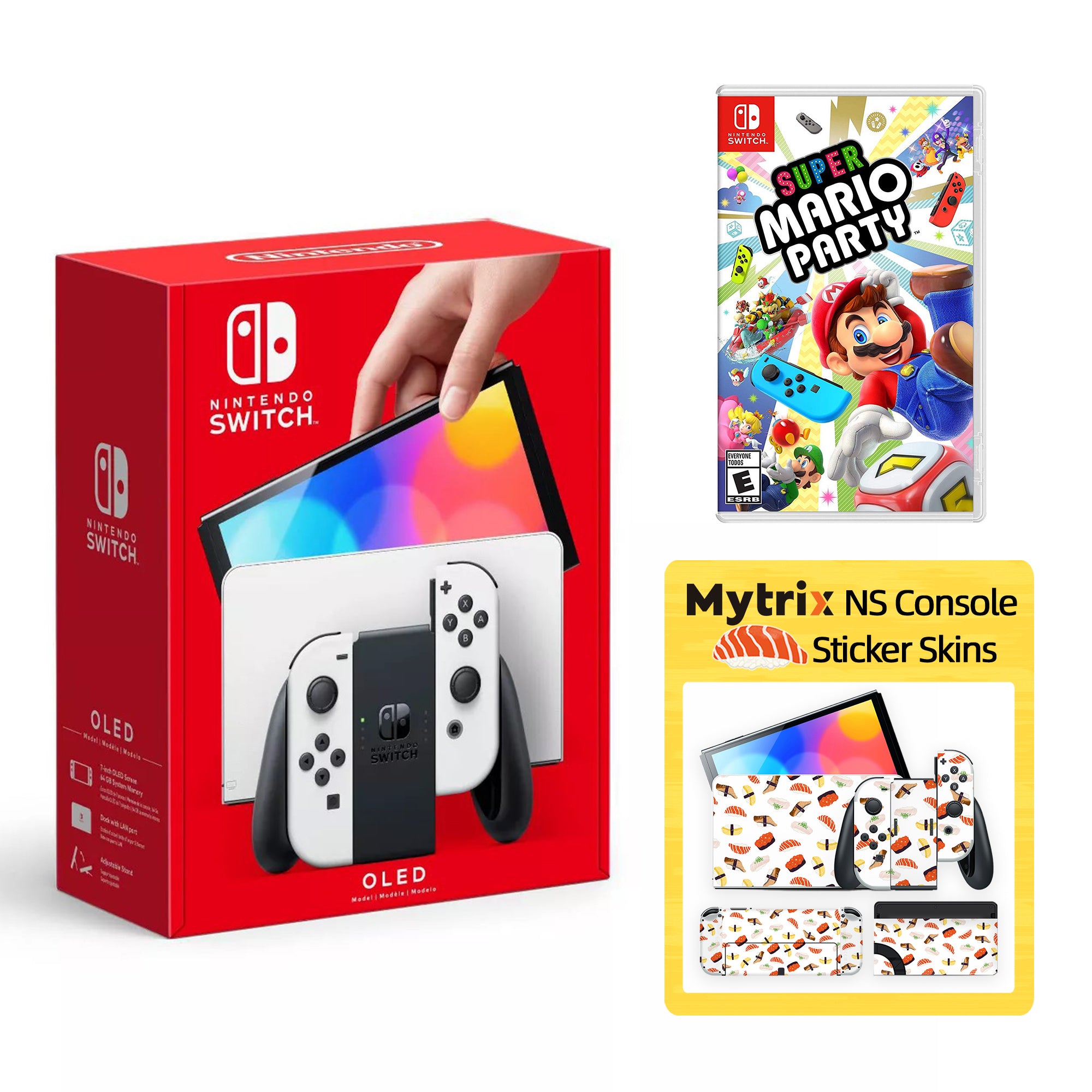 2022 New Nintendo Switch OLED Model Neon Red Blue with Super Mario Party and Mytrix Full Body Skin Sticker for NS OLED Console, Dock and Joycons - Sakura Pink