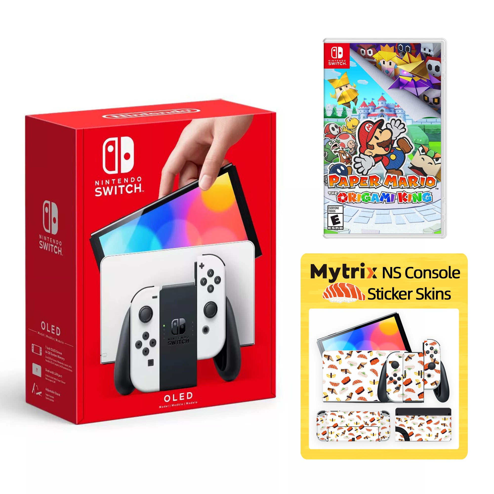 2022 New Nintendo Switch OLED Model Neon Red Blue with Paper Mario: The Origami King and Mytrix Full Body Skin Sticker for NS OLED Console, Dock and Joycons - Sakura Pink