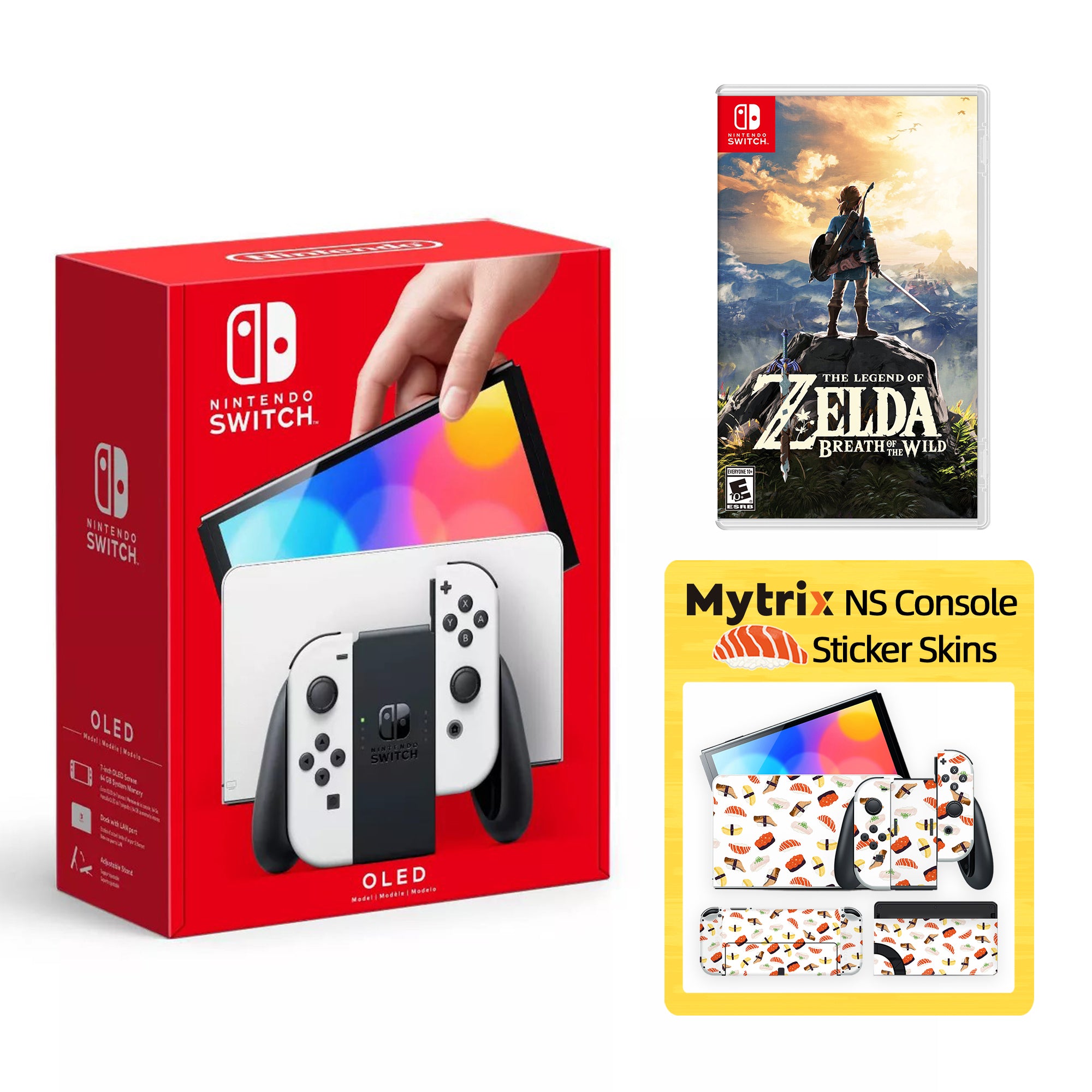 2022 New Nintendo Switch OLED Model Neon Red Blue with The Legend of Zelda: Breath of the Wild and Mytrix Full Body Skin Sticker for NS OLED Console, Dock and Joycons - Sakura Pink