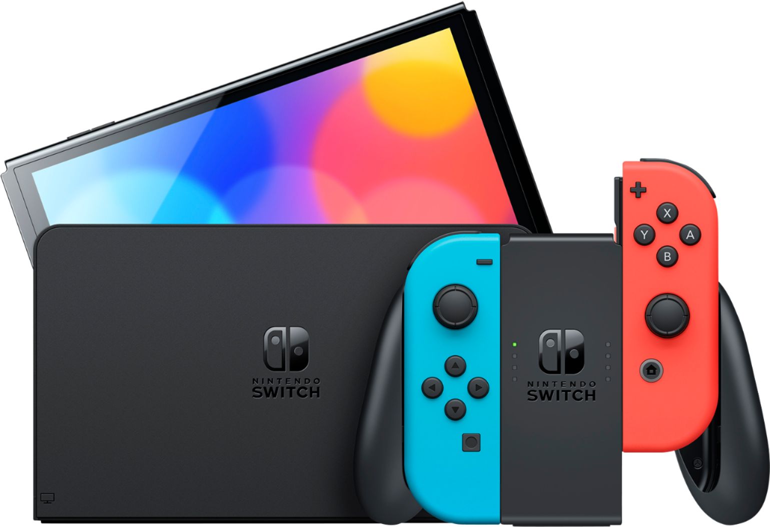 2022 New Nintendo Switch OLED Model Neon Red & Blue Joy Con 64GB Console HD Screen & LAN-Port Dock with Super Bomberman R, Mytrix 128GB MicroSD Card and Accessories