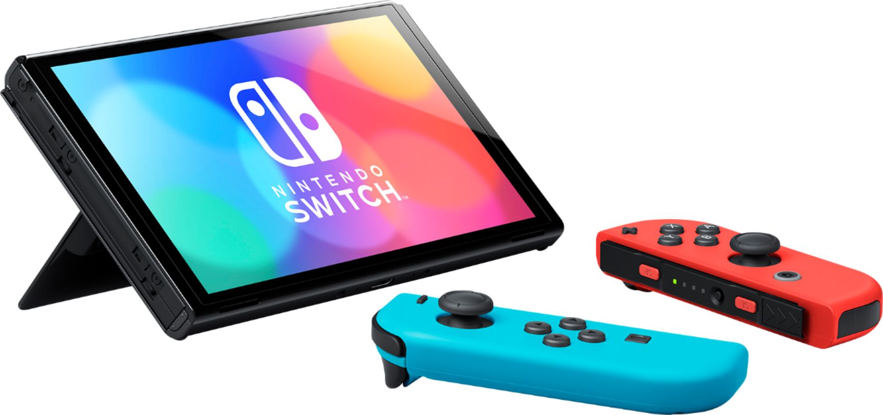 2022 New Nintendo Switch OLED Model Neon Red & Blue Joy Con 64GB Console HD Screen & LAN-Port Dock with Super Mario Odyssey, Mytrix Wireless Switch Pro Controller and Accessories