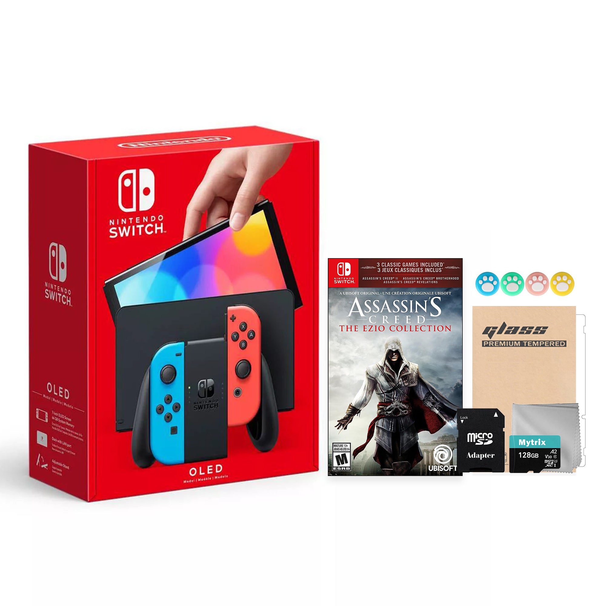 2022 New Nintendo Switch OLED Model Neon Red Blue Joy Con 64GB Console Improved HD Screen & LAN-Port Dock with Assassin's Creed Ezio Collection, Mytrix 128GB MicroSD Card and Accessories
