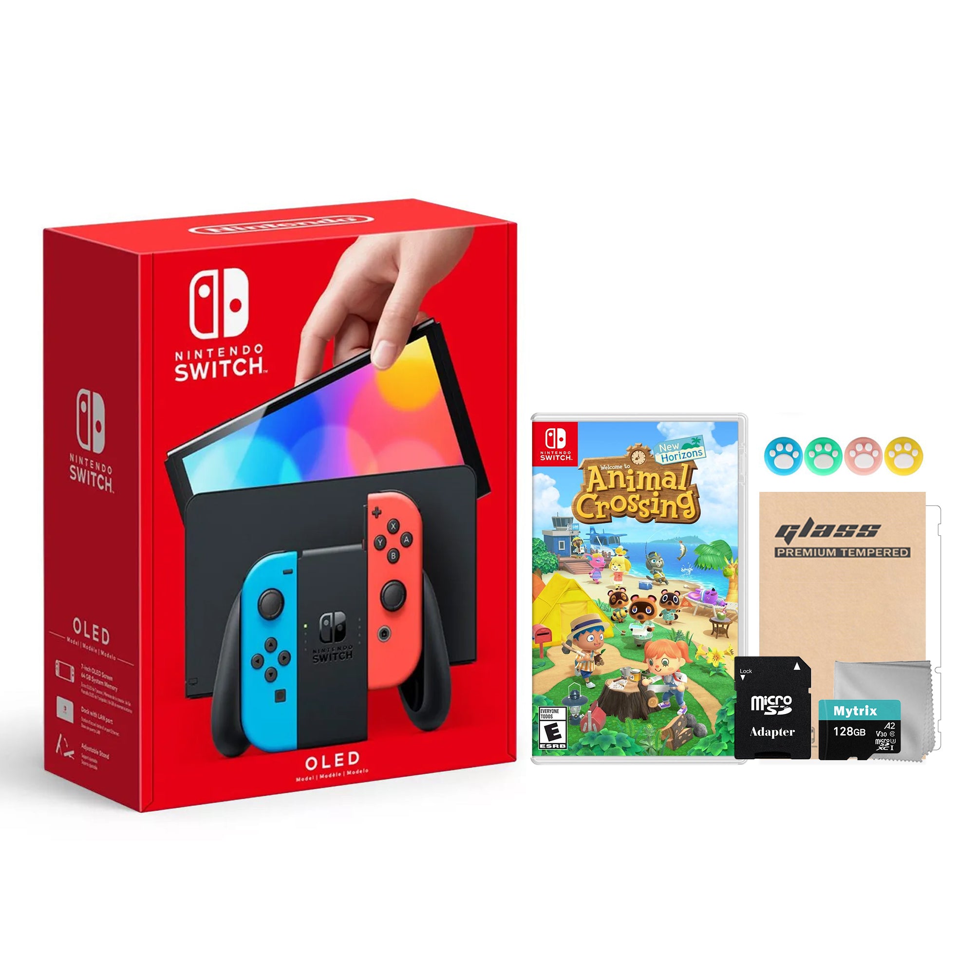 2022 New Nintendo Switch OLED Model Neon Red & Blue Joy Con 64GB Console HD Screen & LAN-Port Dock with Animal Crossing: New Horizons, Mytrix 128GB MicroSD Card and Accessories