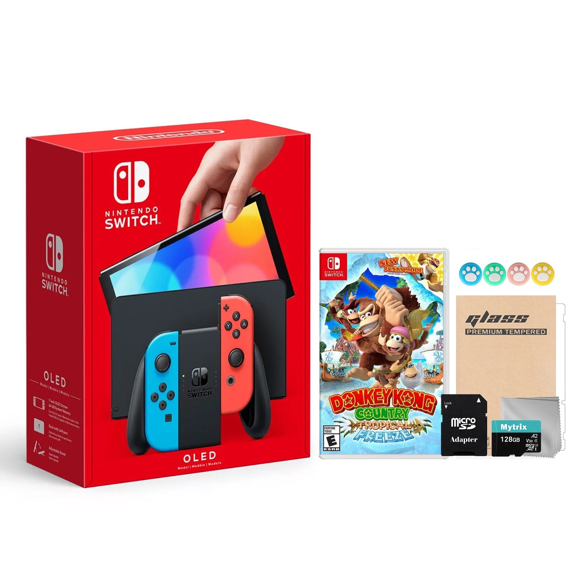 2022 New Nintendo Switch OLED Model Neon Red & Blue Joy Con 64GB Console HD Screen & LAN-Port Dock with Donkey Kong Country, Mytrix 128GB MicroSD Card and Accessories