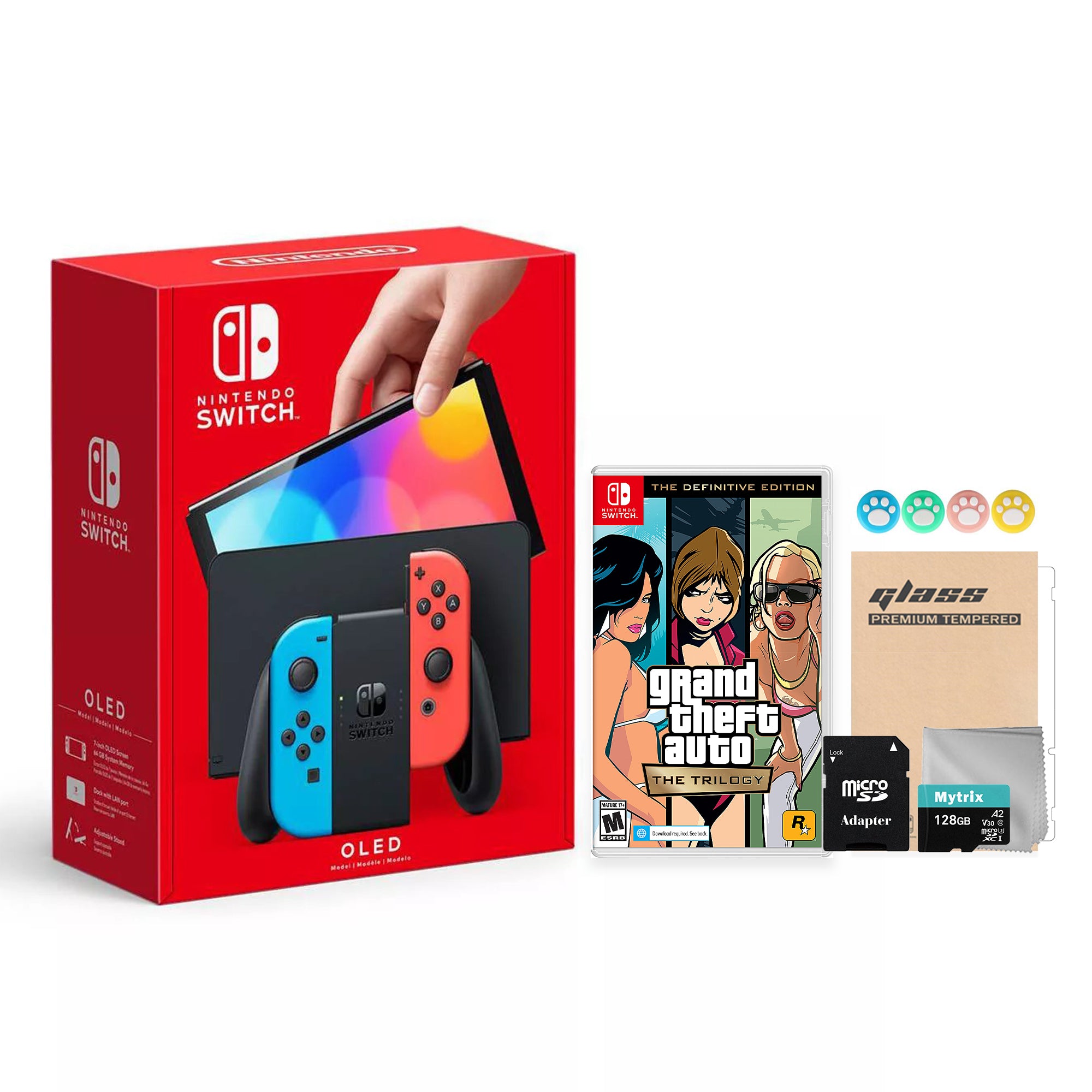 2022 New Nintendo Switch OLED Model Neon Red Blue Joy Con 64GB Console Improved HD Screen & LAN-Port Dock with Grand Theft Auto: The Trilogy, Mytrix 128GB MicroSD Card and Accessories
