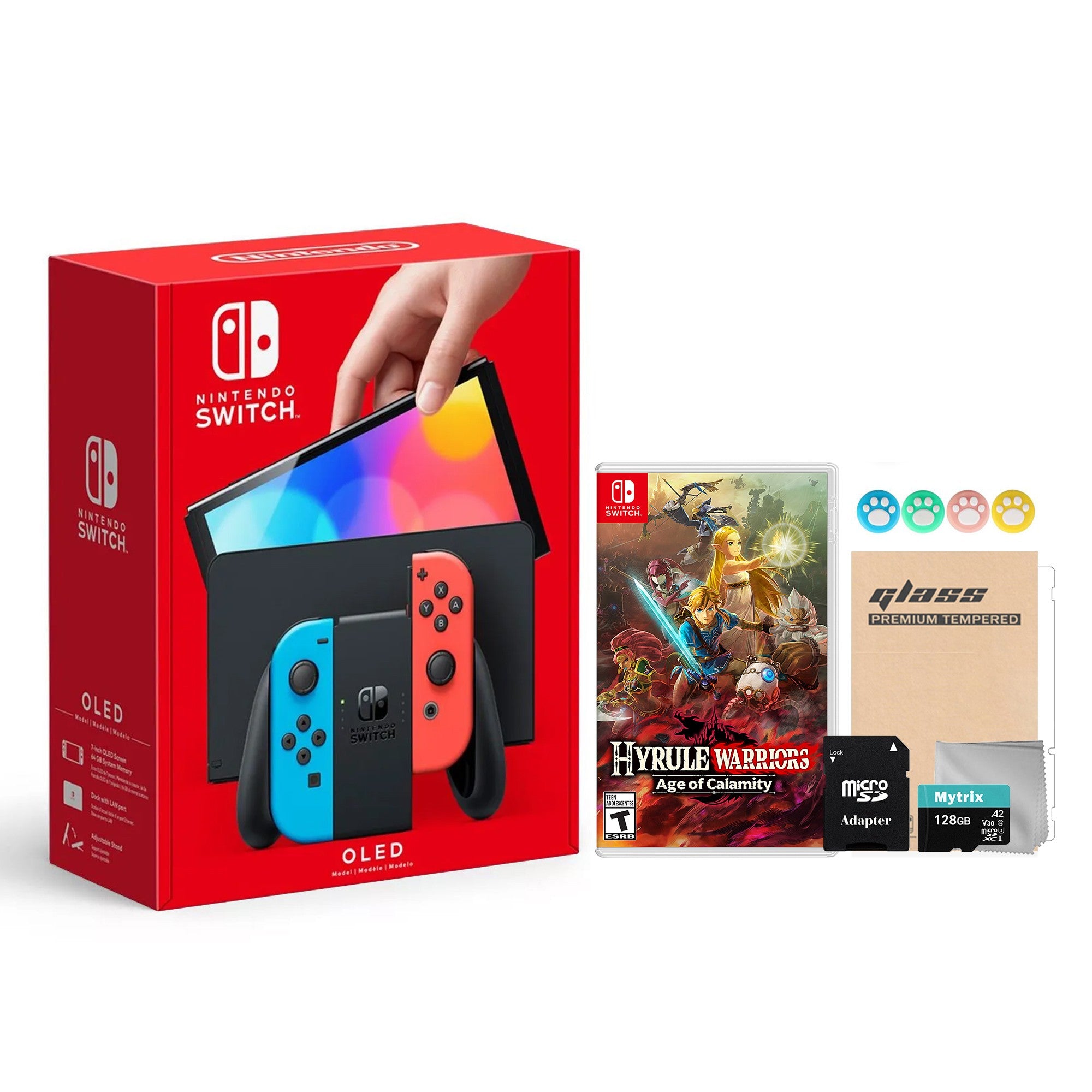 2022 New Nintendo Switch OLED Model Neon Red & Blue Joy Con 64GB Console HD Screen & LAN-Port Dock with Hyrule Warriors: Age of Calamity, Mytrix 128GB MicroSD Card and Accessories