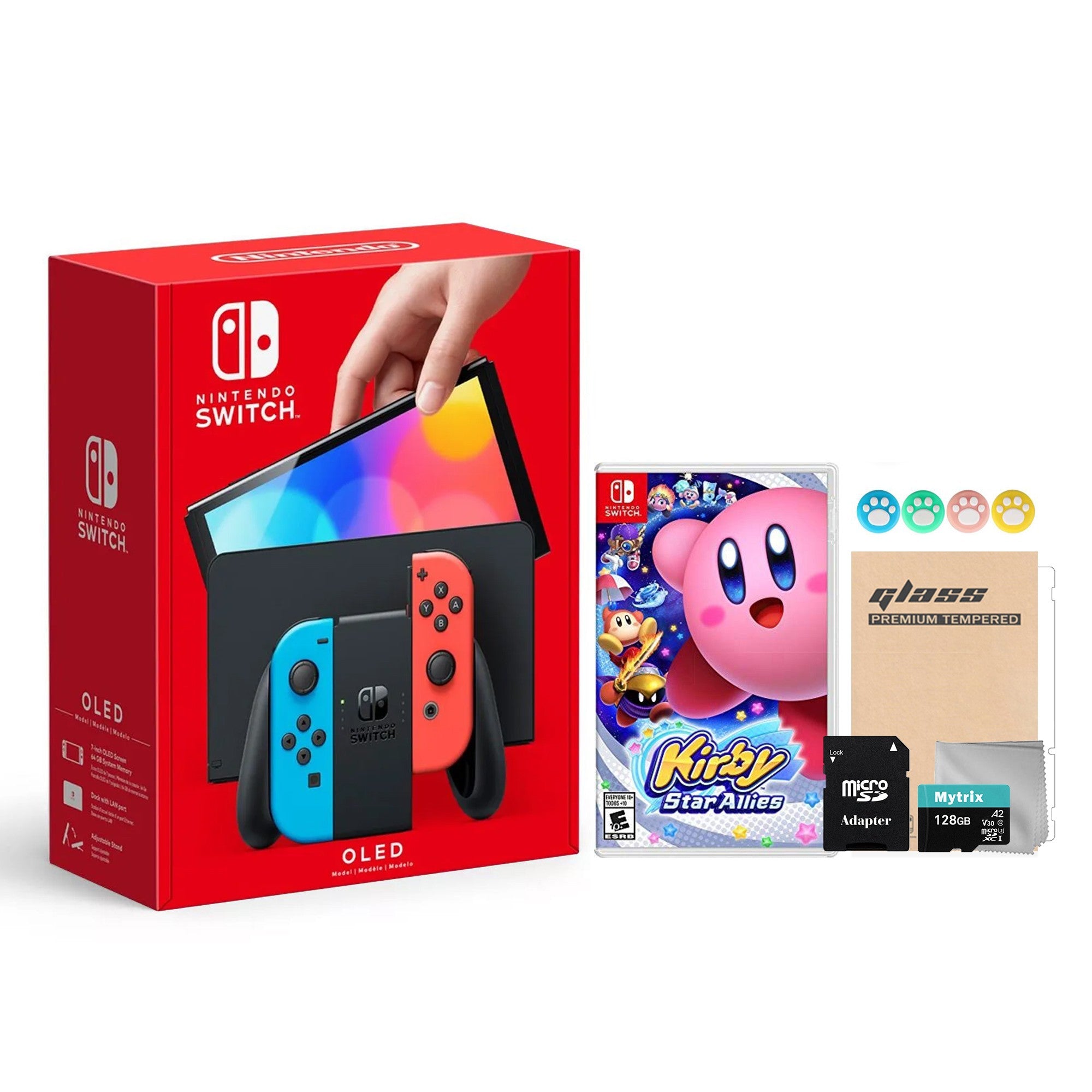 2022 New Nintendo Switch OLED Model Neon Red & Blue Joy Con 64GB Console HD Screen & LAN-Port Dock with Kirby Star Allies, Mytrix 128GB MicroSD Card and Accessories