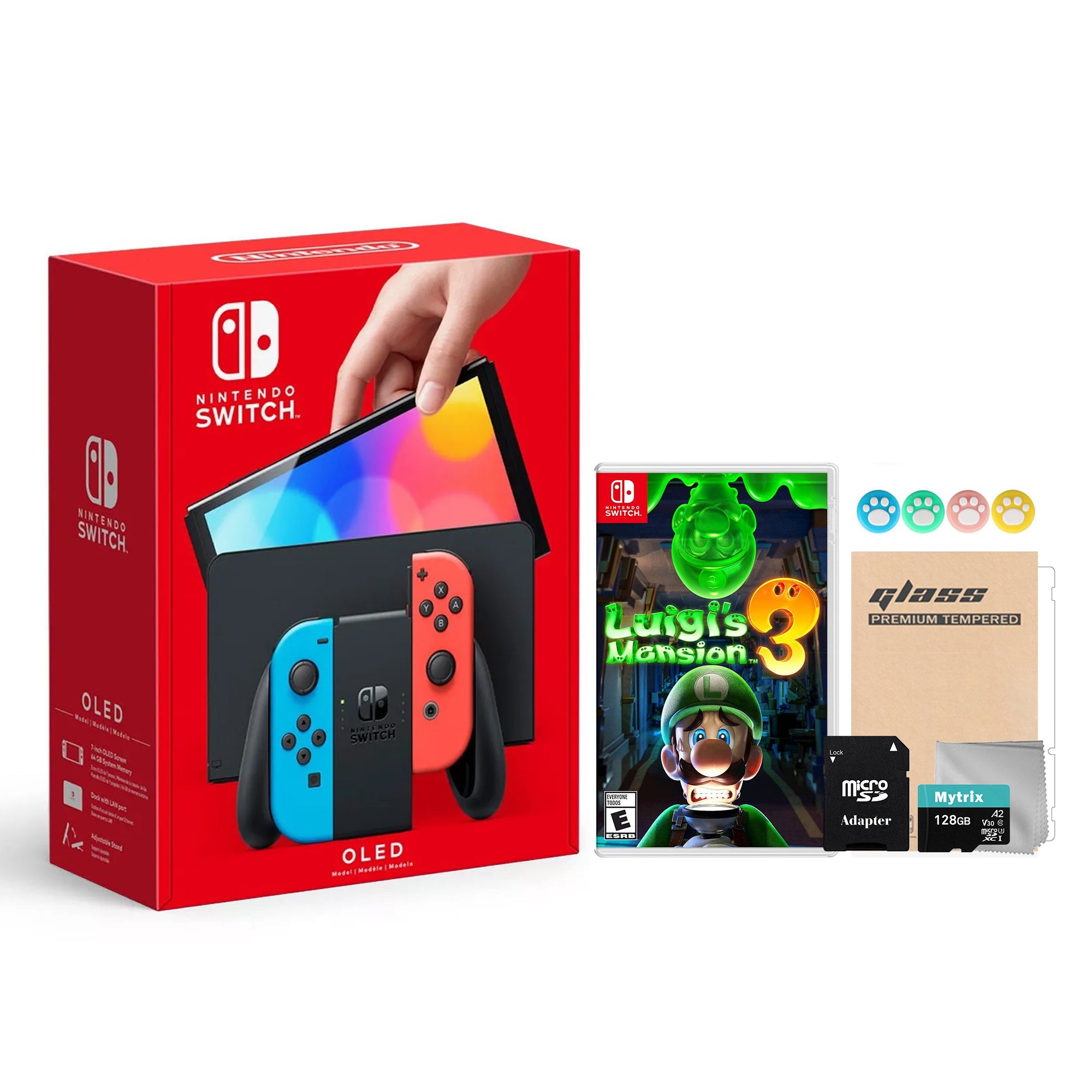 2022 New Nintendo Switch OLED Model Neon Red & Blue Joy Con 64GB Console HD Screen & LAN-Port Dock with Luigi's Mansion 3, Mytrix 128GB MicroSD Card and Accessories