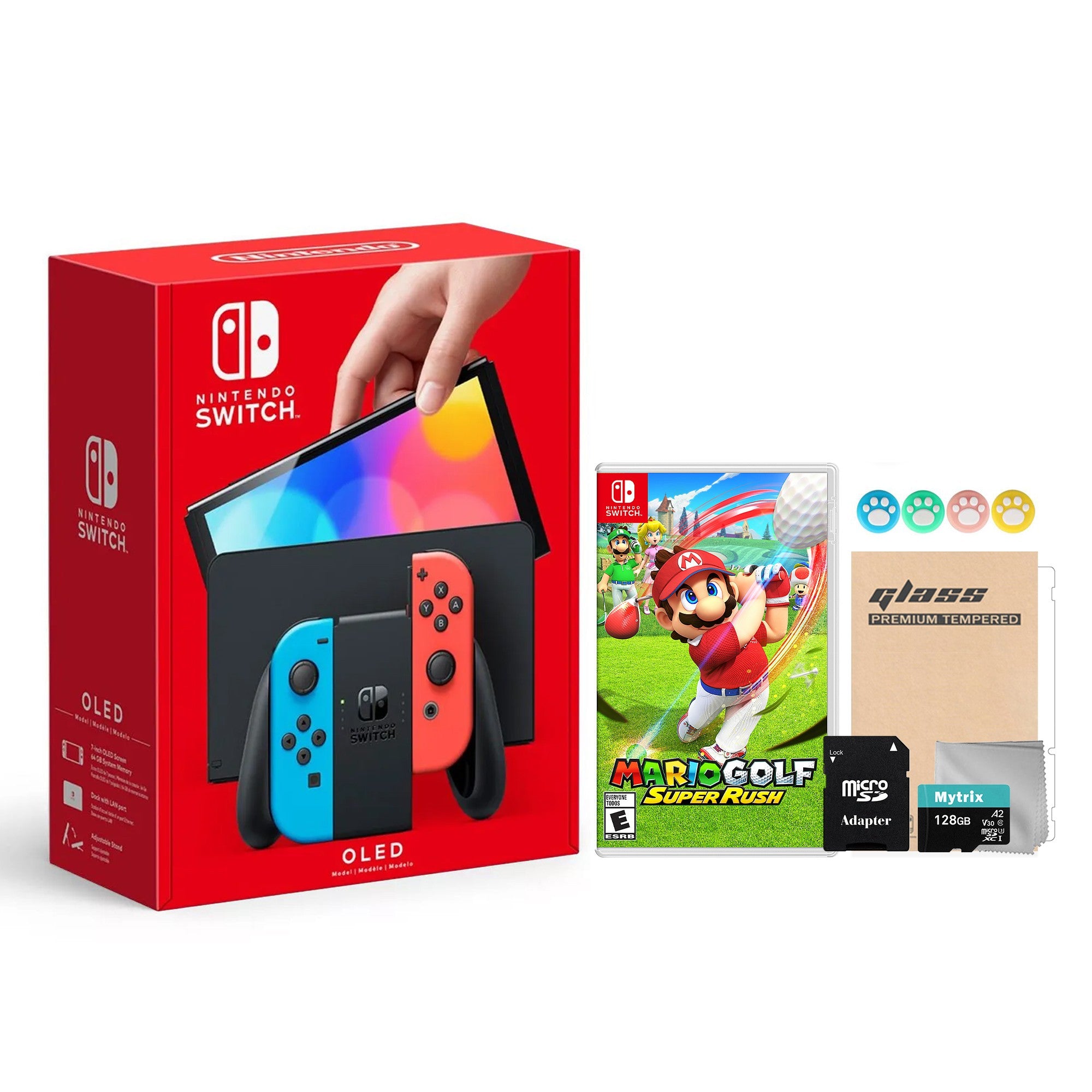 2022 New Nintendo Switch OLED Model Neon Red & Blue Joy Con 64GB Console HD Screen & LAN-Port Dock with Mario Golf: Super Rush, Mytrix 128GB MicroSD Card and Accessories
