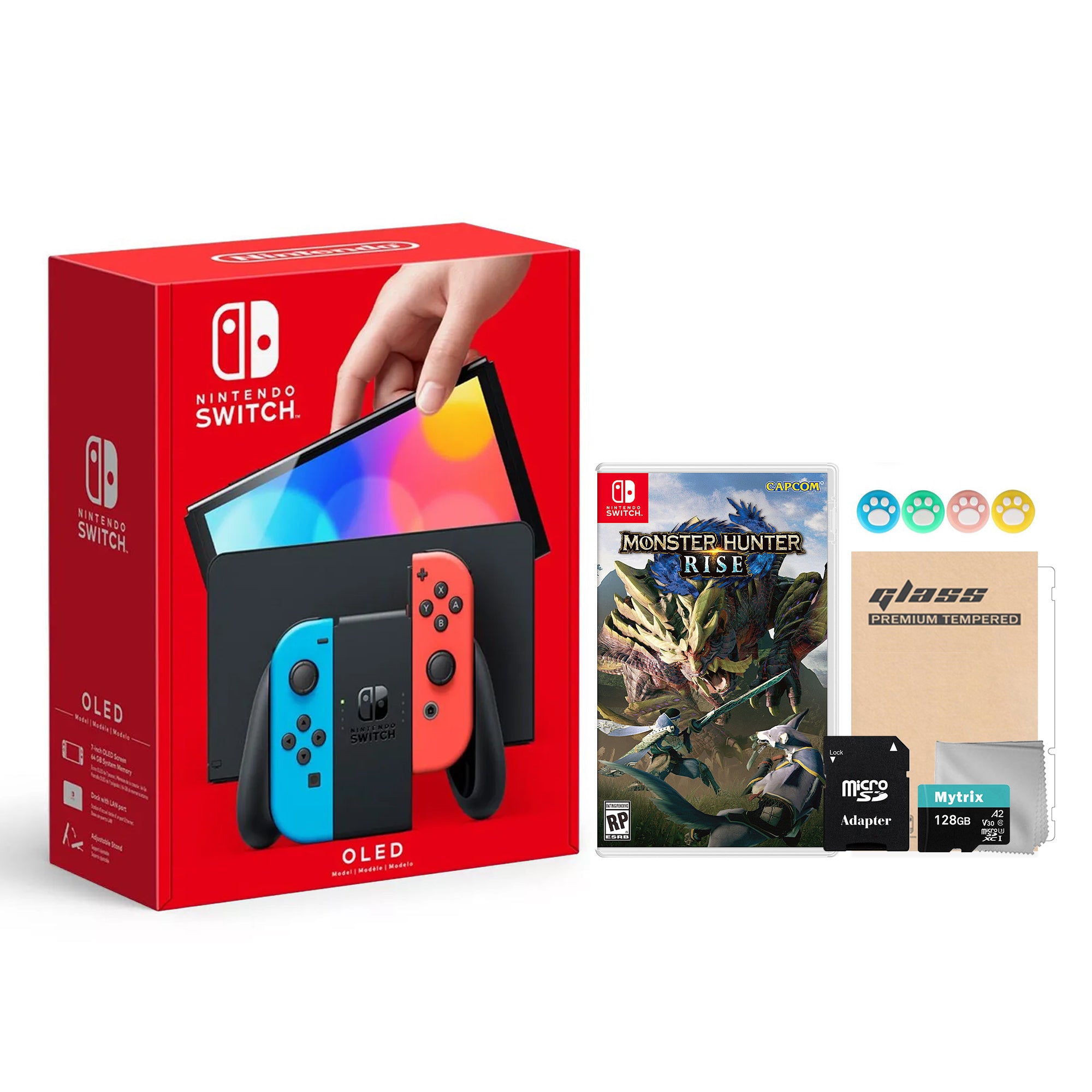 2021 New Nintendo Switch OLED Model Neon Red & Blue Joy Con 64GB Console HD Screen and LAN-Port Dock with Monster Hunter: Rise And Mytrix Accessories