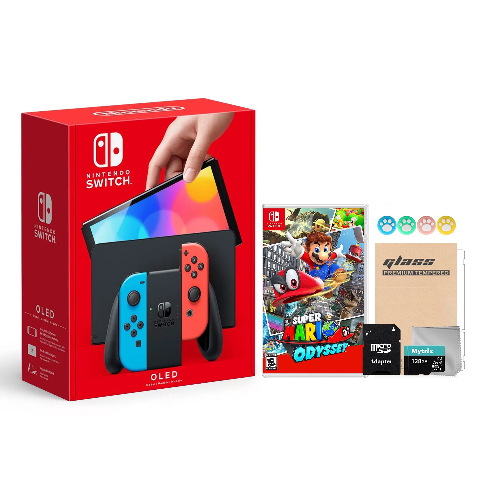 2022 New Nintendo Switch OLED Model Neon Red & Blue Joy Con 64GB Console HD Screen & LAN-Port Dock with Super Mario Odyssey, Mytrix 128GB MicroSD Card and Accessories