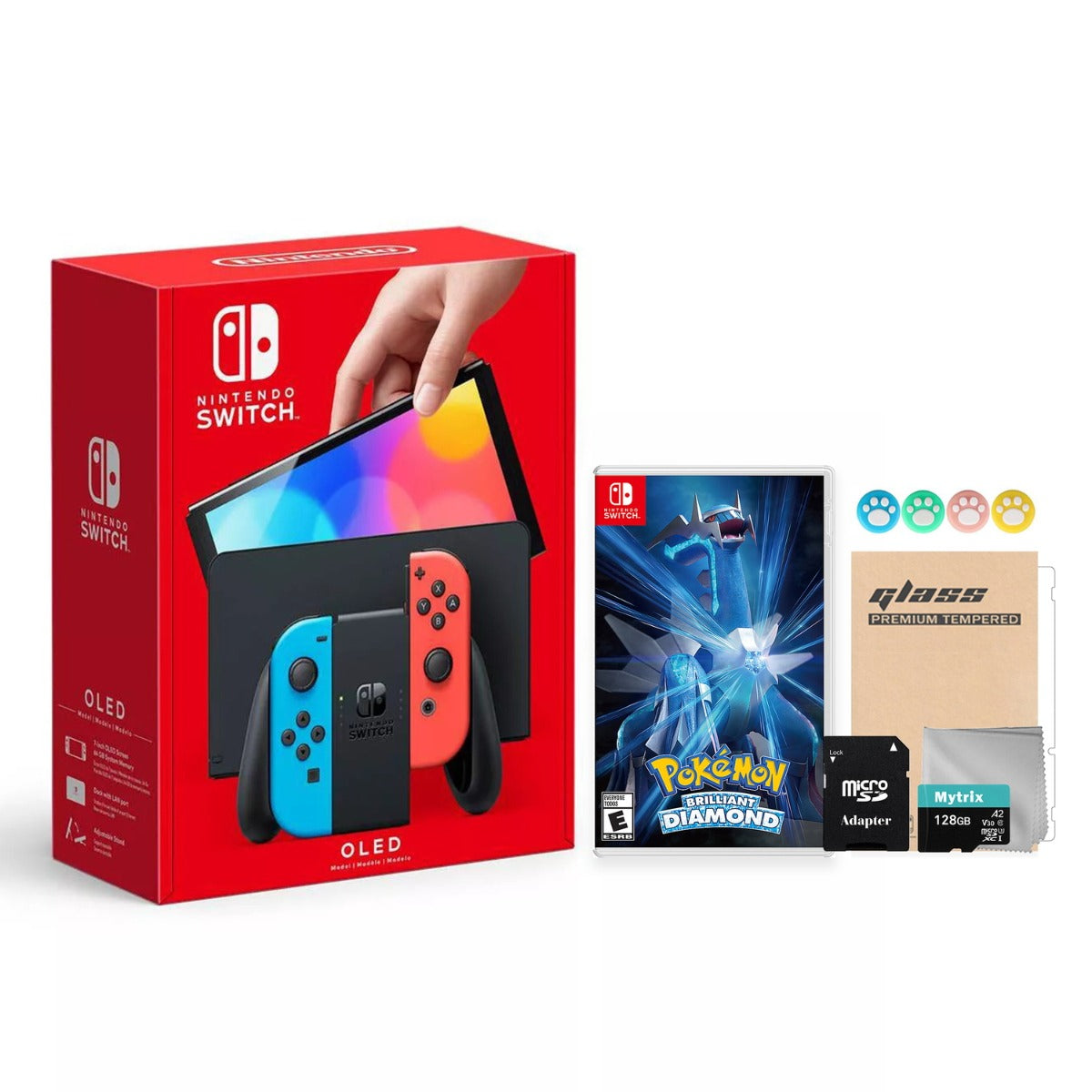 2022 New Nintendo Switch OLED Model Neon Red Blue Joy Con 64GB Console Improved HD Screen & LAN-Port Dock with Pokemon Brilliant Diamond, Mytrix 128GB MicroSD Card and Accessories