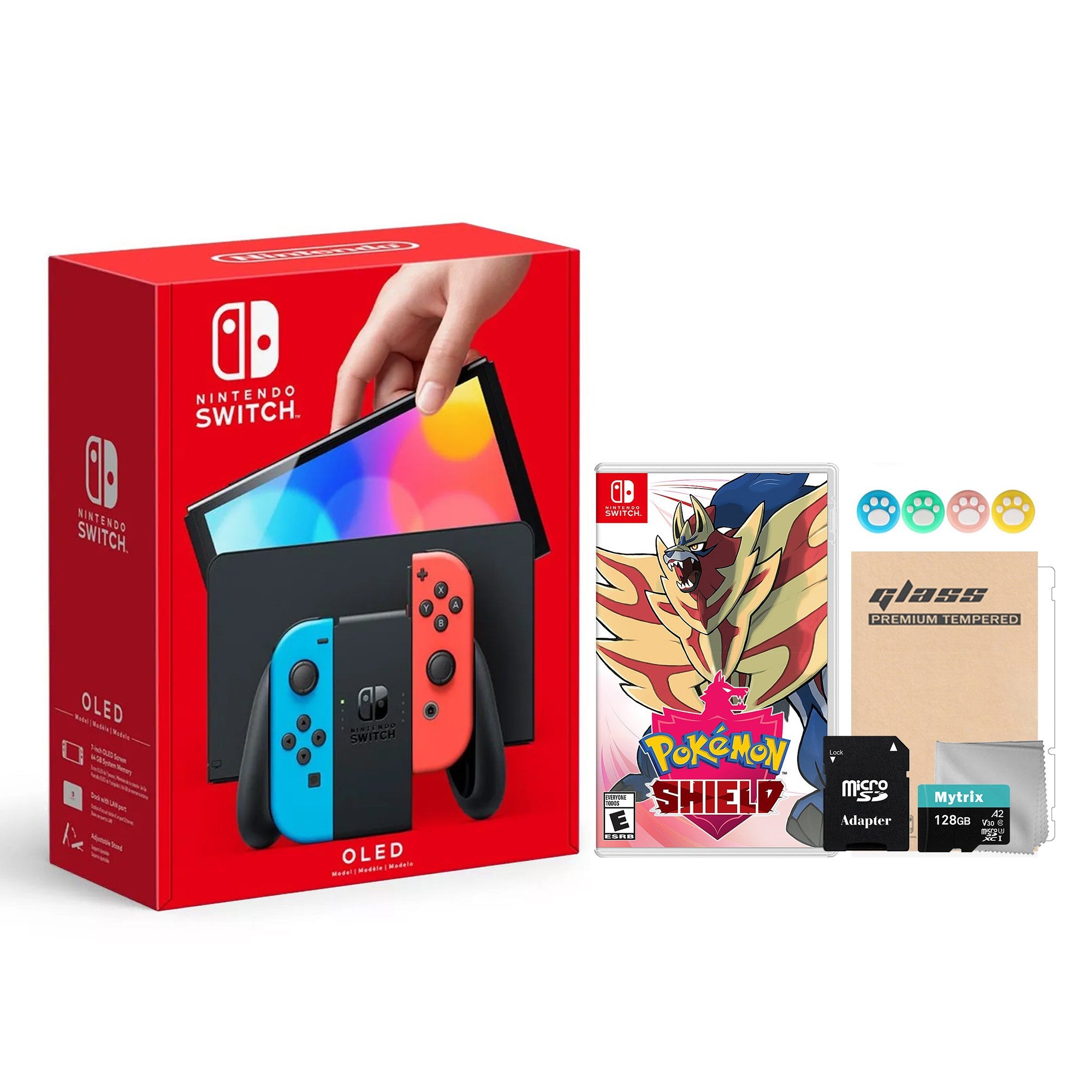 2022 New Nintendo Switch OLED Model Neon Red & Blue Joy Con 64GB Console HD Screen & LAN-Port Dock with Pokemon Shield, Mytrix 128GB MicroSD Card and Accessories