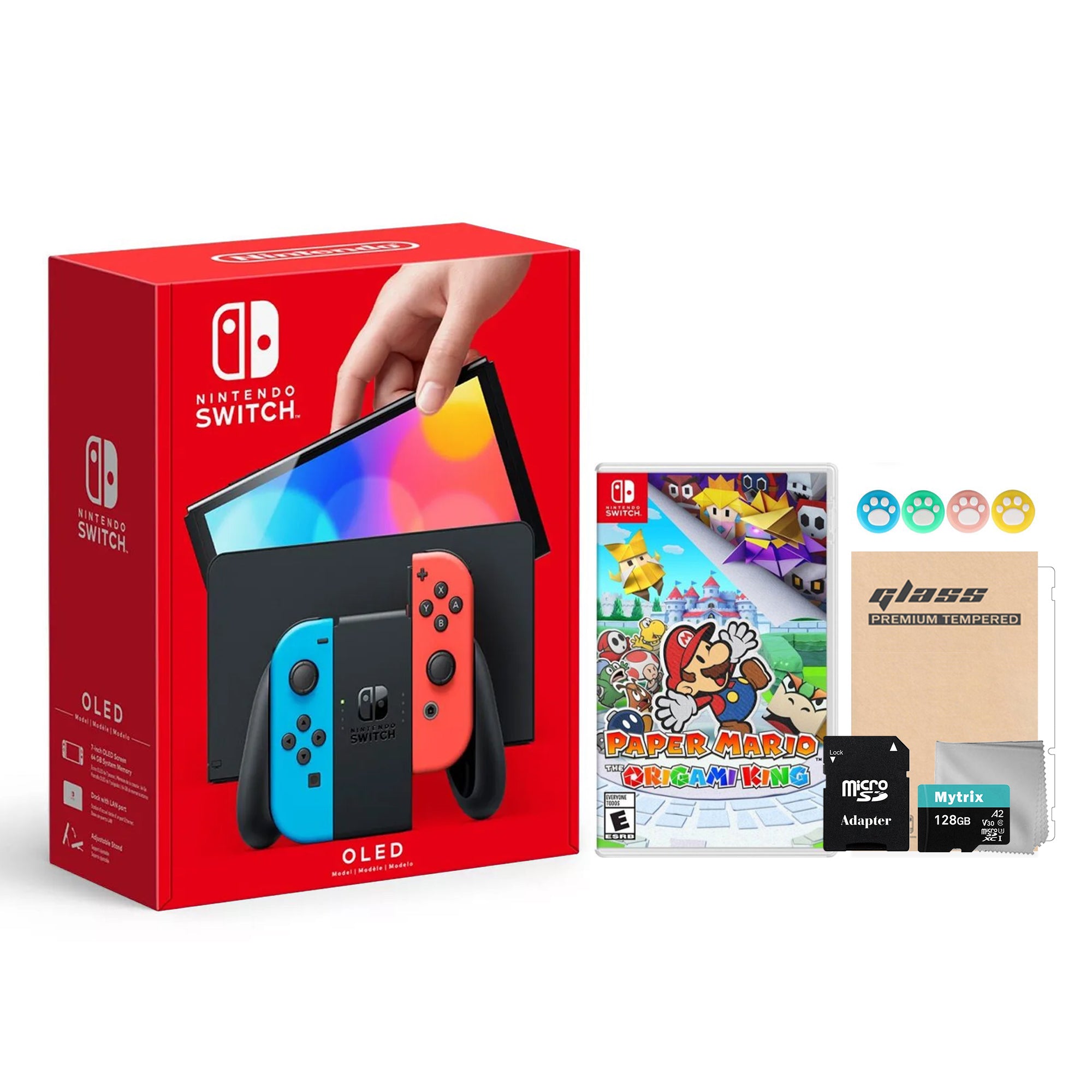 2022 New Nintendo Switch OLED Model Neon Red & Blue Joy Con 64GB Console HD Screen & LAN-Port Dock with Paper Mario: The Origami King, Mytrix 128GB MicroSD Card and Accessories