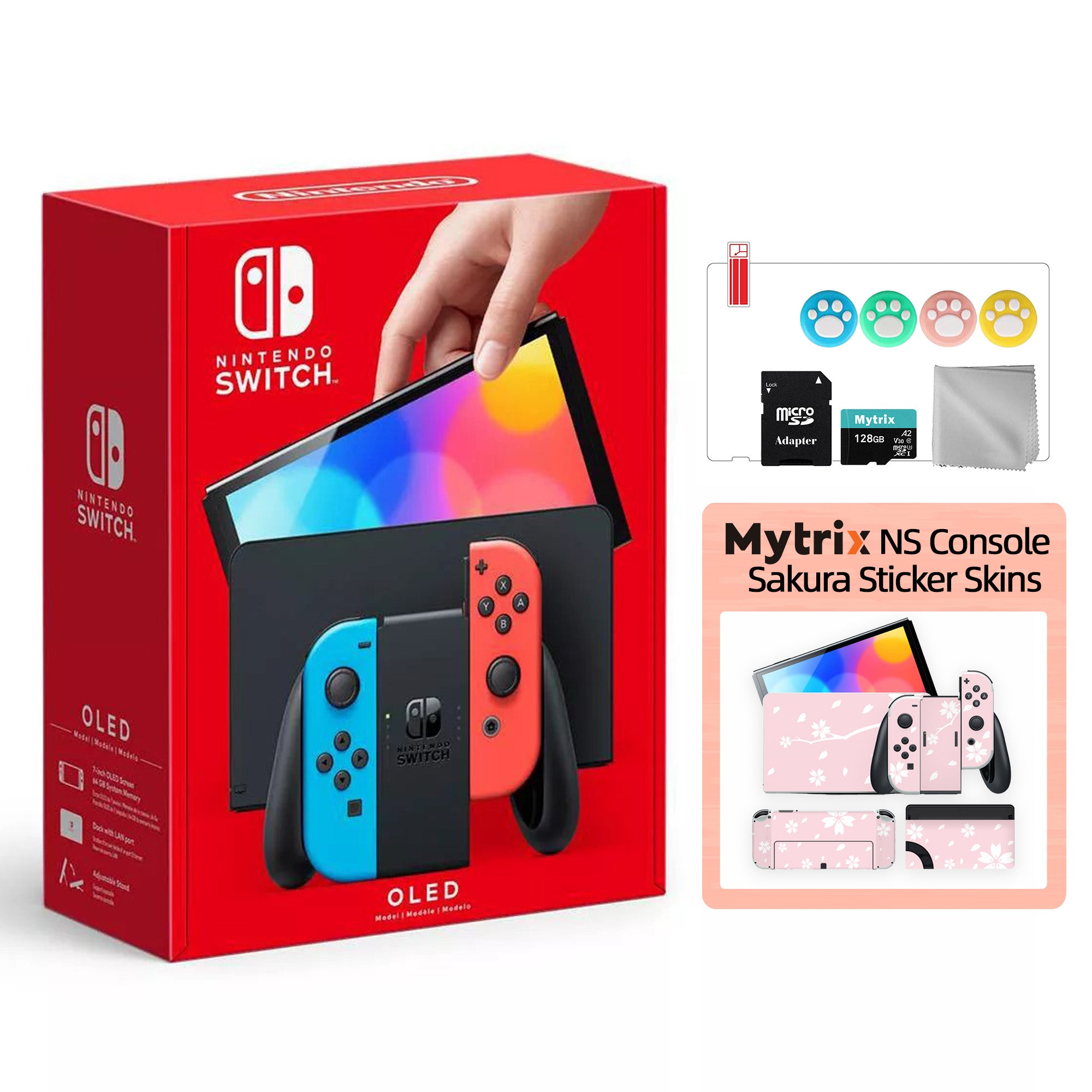 2021 New Nintendo Switch OLED Model Neon Red Blue with Mytrix Full Body Skin for NS OLED Console, Dock and Joycons - Sakura Pink