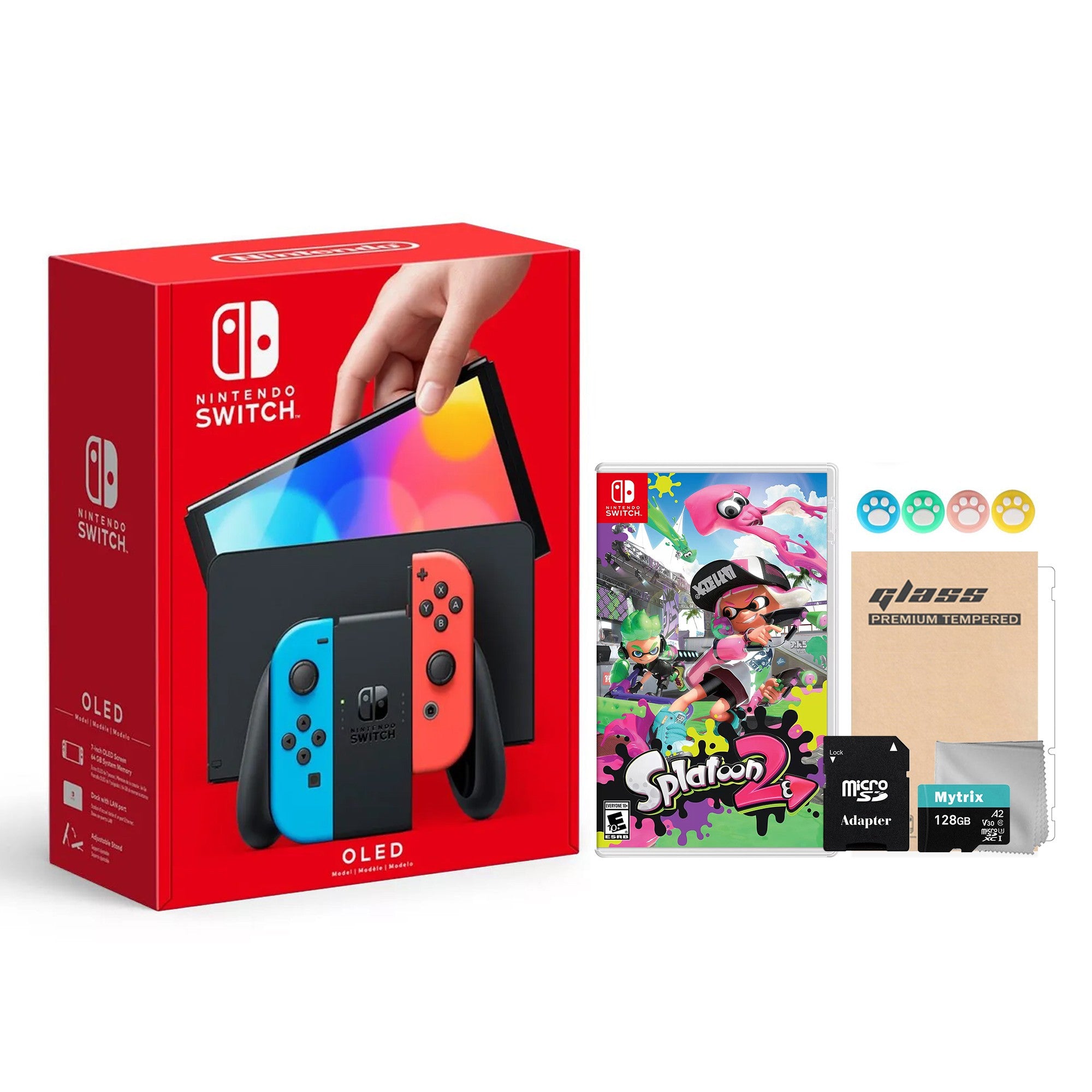 2022 New Nintendo Switch OLED Model Neon Red & Blue Joy Con 64GB Console HD Screen & LAN-Port Dock with Splatoon 2, Mytrix 128GB MicroSD Card and Accessories