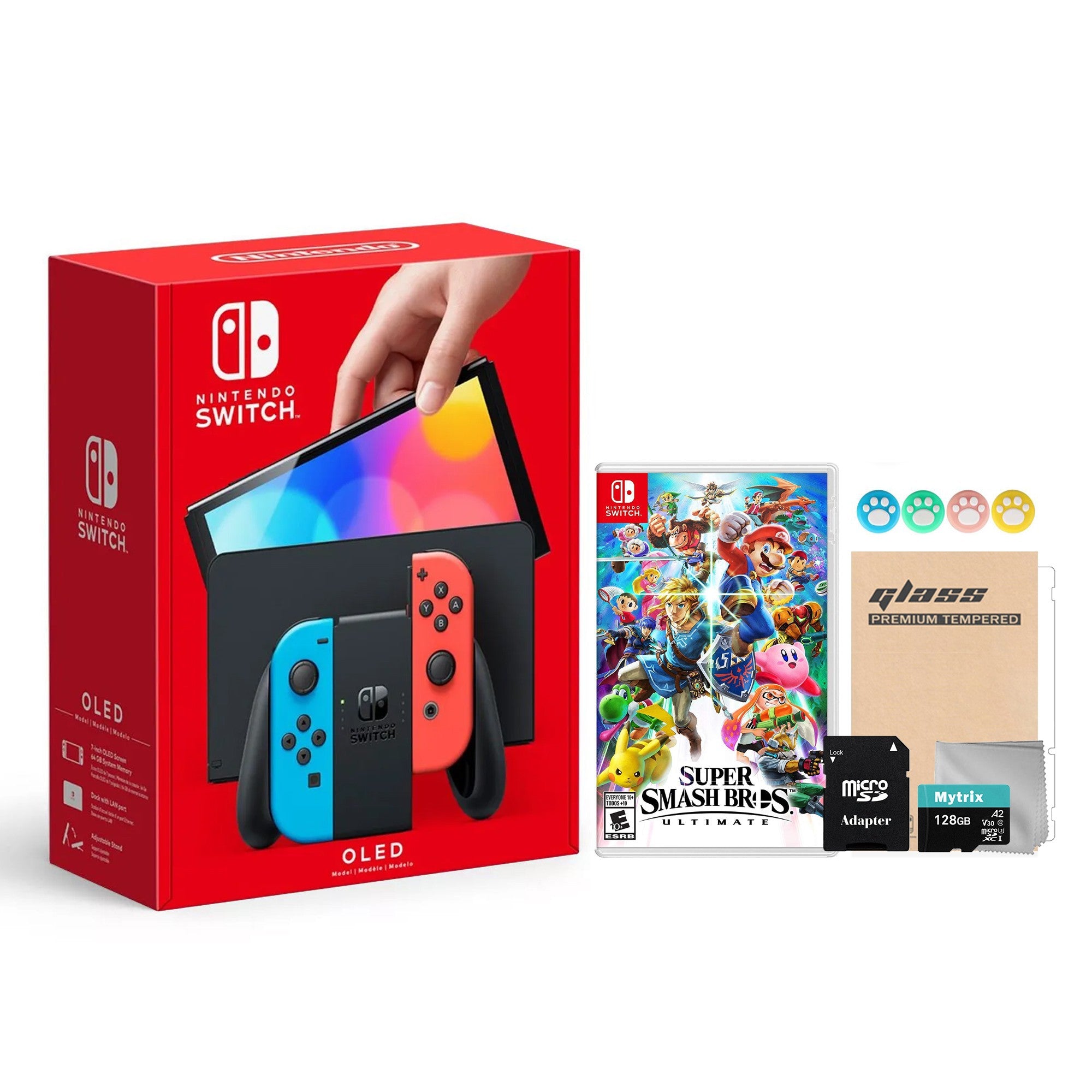 2022 New Nintendo Switch OLED Model Neon Red & Blue Joy Con 64GB Console HD Screen & LAN-Port Dock with Super Smash Bros. Ultimate, Mytrix 128GB MicroSD Card and Accessories