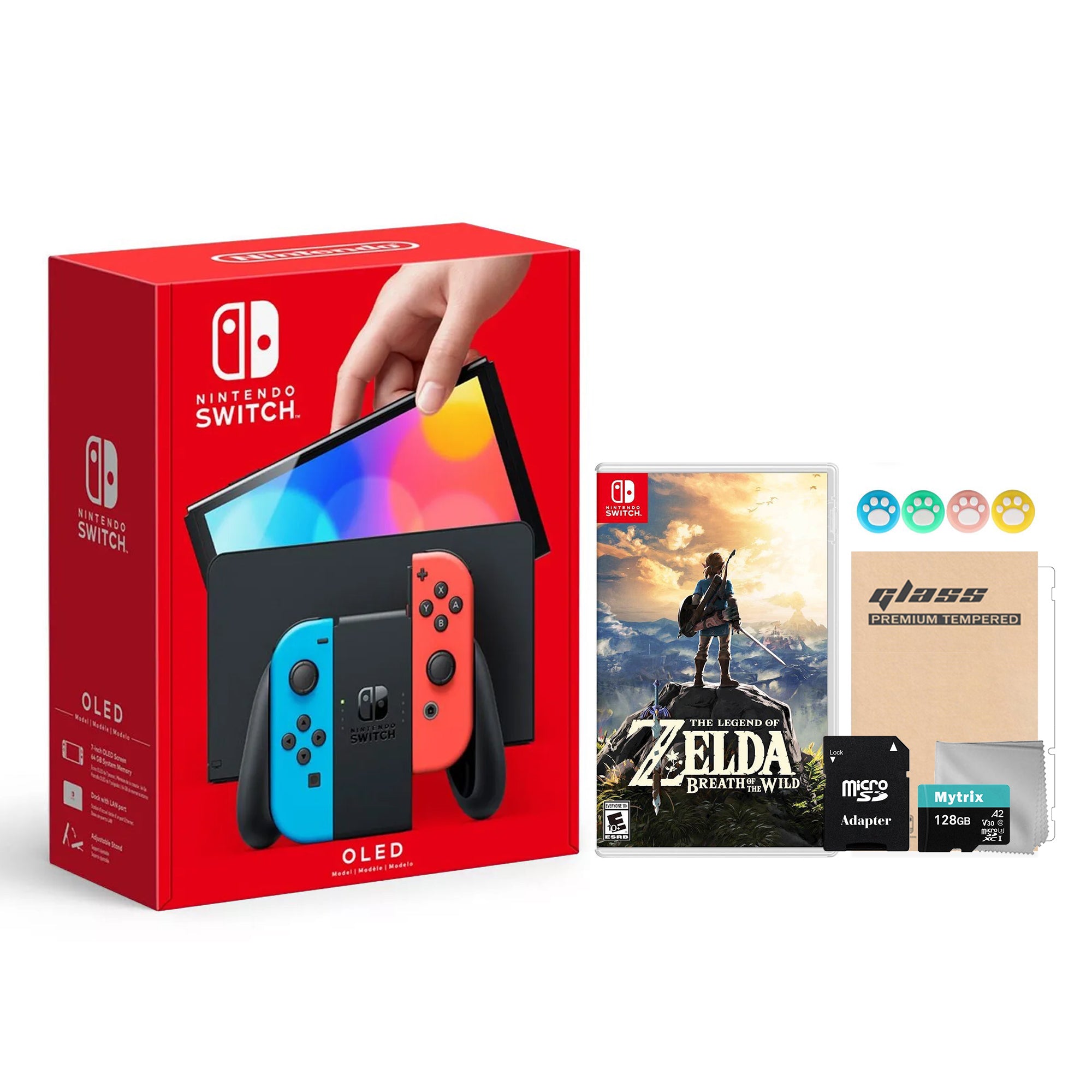 2022 New Nintendo Switch OLED Model Neon Red & Blue Joy Con 64GB Console HD Screen & LAN-Port Dock with The Legend of Zelda: Breath of the Wild, Mytrix 128GB MicroSD Card and Accessories