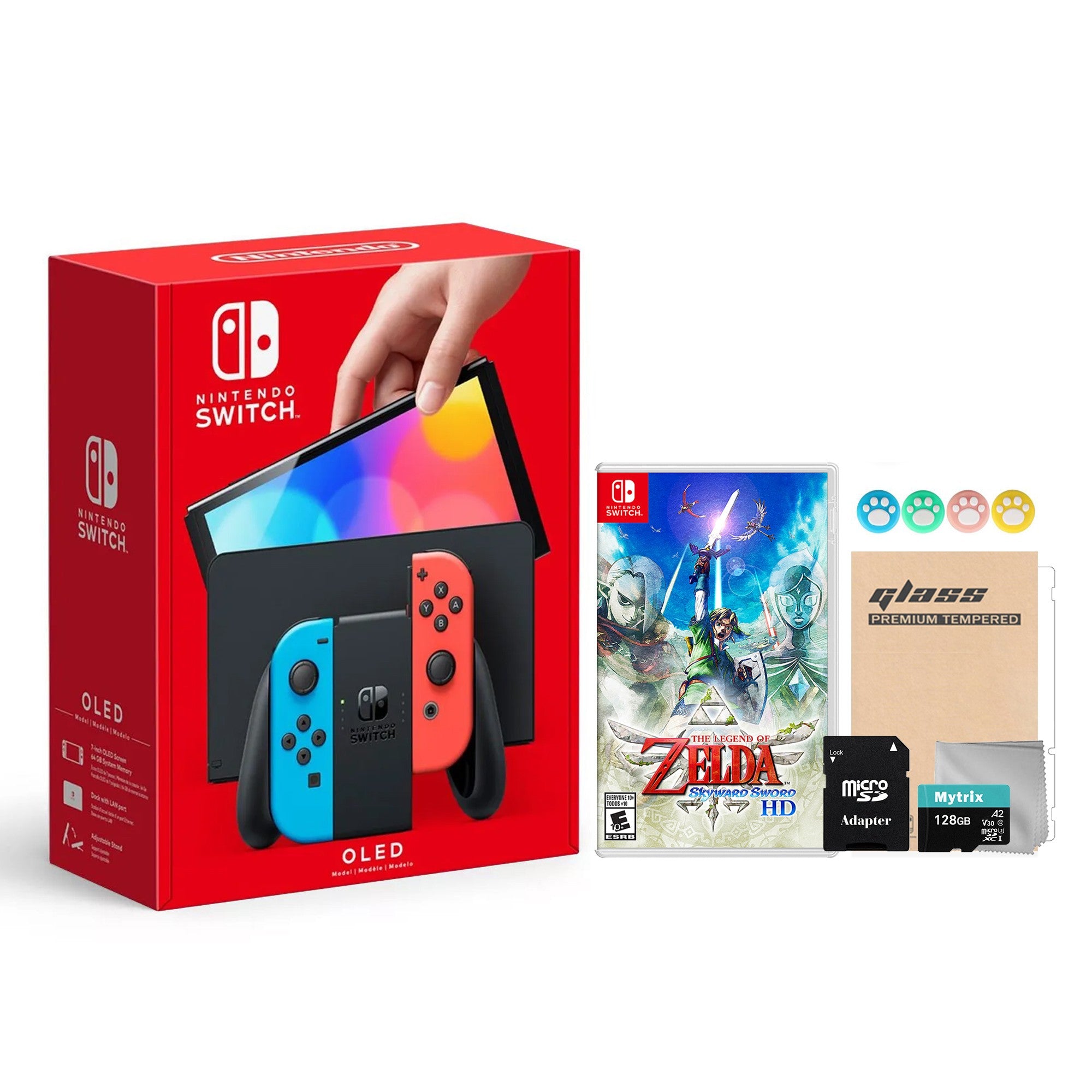 2022 New Nintendo Switch OLED Model Neon Red & Blue Joy Con 64GB Console HD Screen & LAN-Port Dock with The Legend of Zelda: Skyward Sword HD, Mytrix 128GB MicroSD Card and Accessories