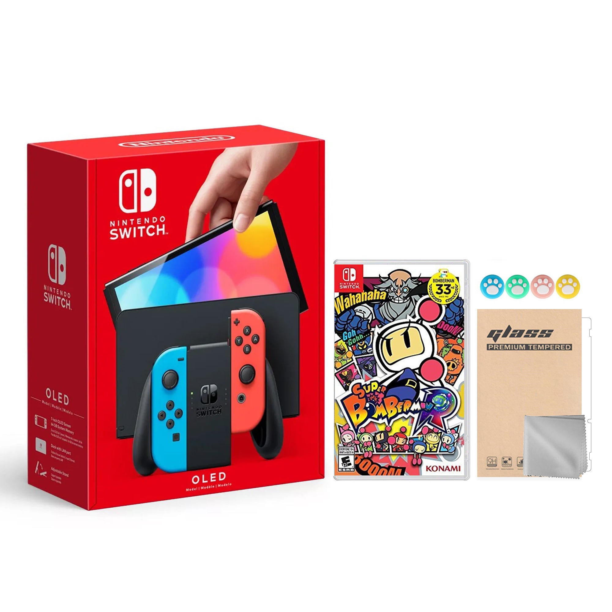 2021 New Nintendo Switch OLED Model Neon Red & Blue Joy Con 64GB Console HD Screen & LAN-Port Dock with Super Bomberman R And Mytrix Joystick Caps & Screen Protector