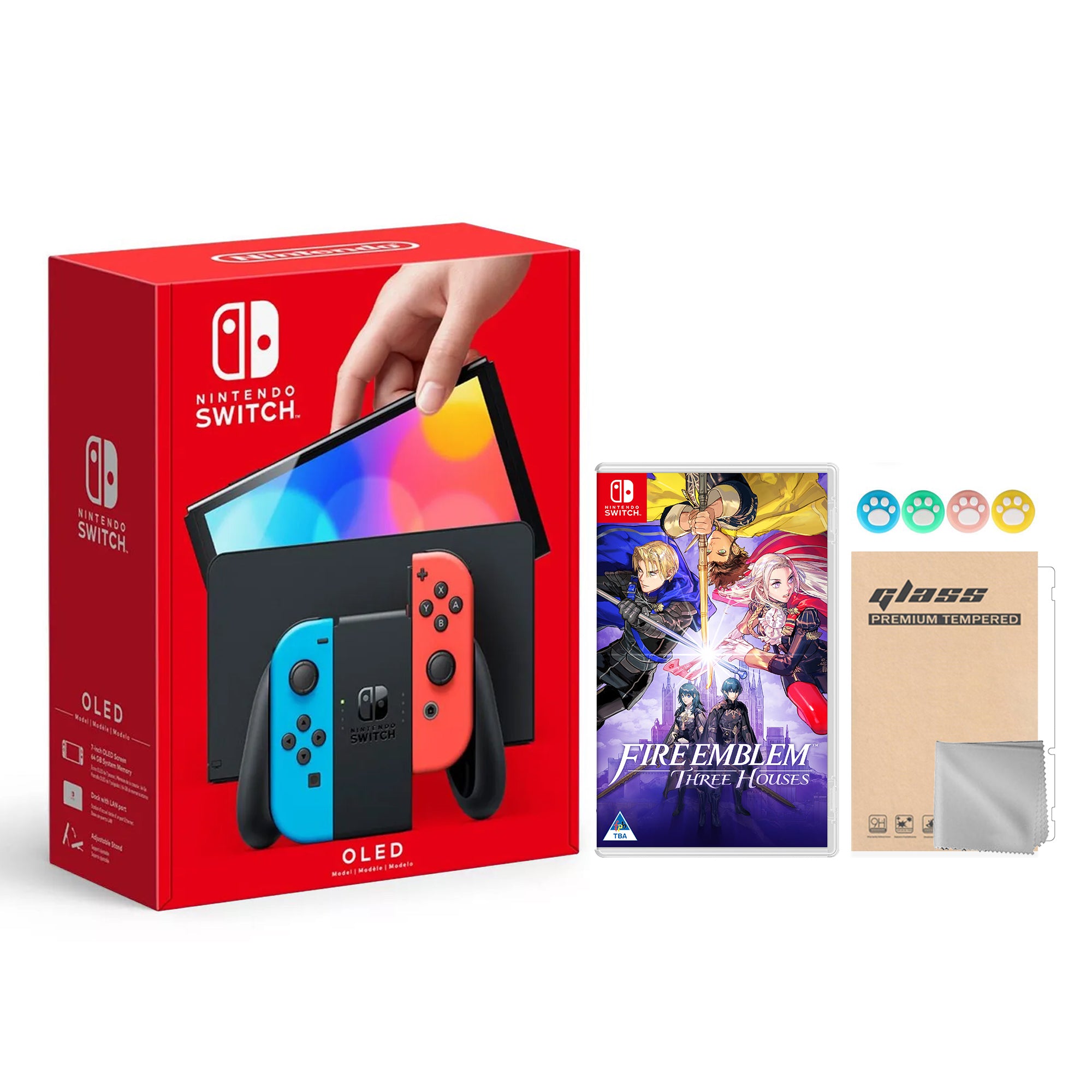 2021 New Nintendo Switch OLED Model Neon Red & Blue Joy Con 64GB Console HD Screen & LAN-Port Dock with Fire Emblem: Three Houses And Mytrix Joystick Caps & Screen Protector