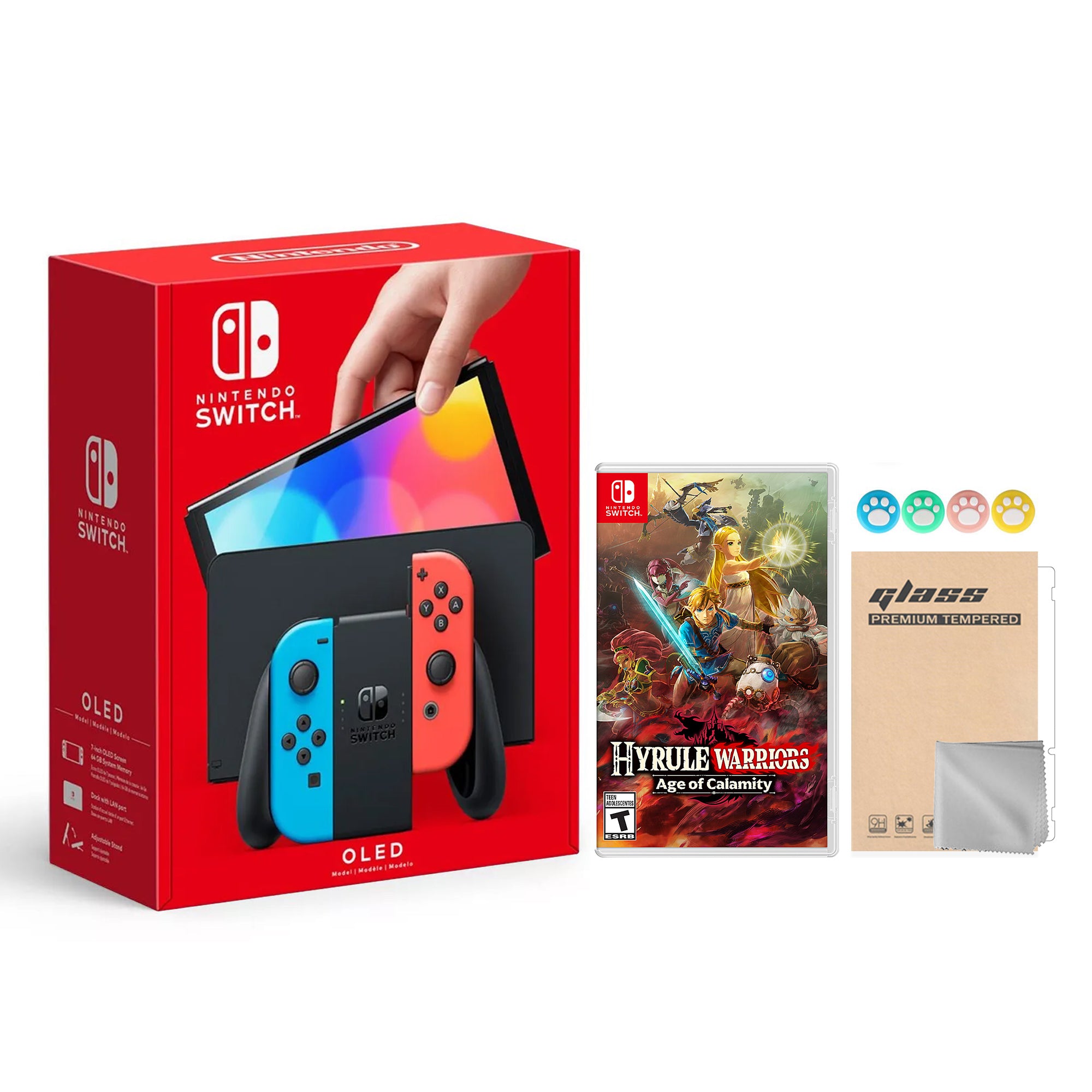 2021 New Nintendo Switch OLED Model Neon Red & Blue Joy Con 64GB Console HD Screen & LAN-Port Dock with Hyrule Warriors: Age of Calamity And Mytrix Joystick Caps & Screen Protector