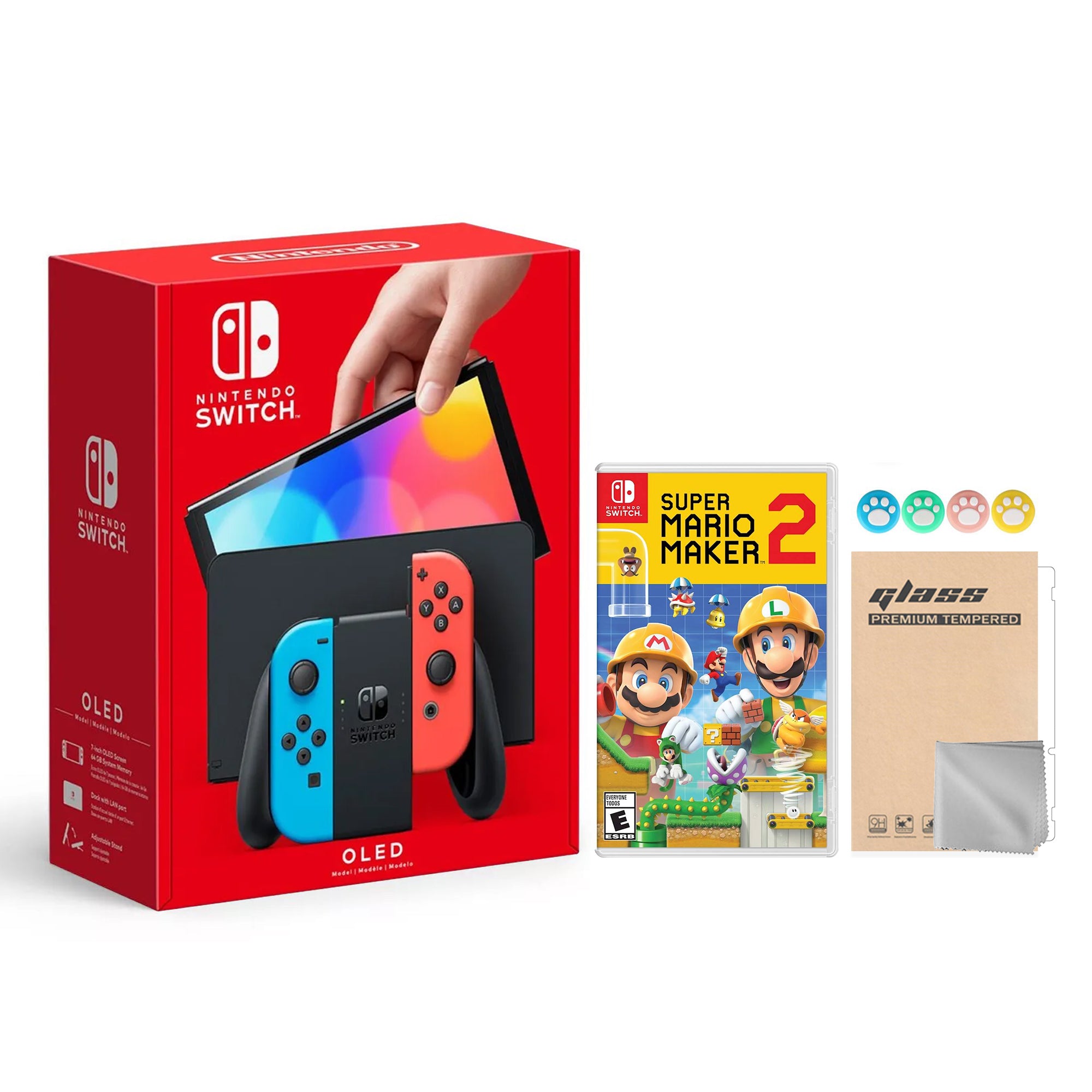2021 New Nintendo Switch OLED Model Neon Red & Blue Joy Con 64GB Console HD Screen & LAN-Port Dock with Super Mario Maker 2 And Mytrix Joystick Caps & Screen Protector