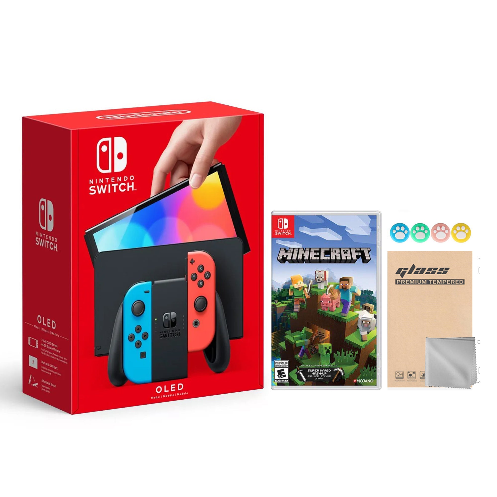 2021 New Nintendo Switch OLED Model Neon Red & Blue Joy Con 64GB Console HD Screen & LAN-Port Dock with Minecraft And Mytrix Joystick Caps & Screen Protector