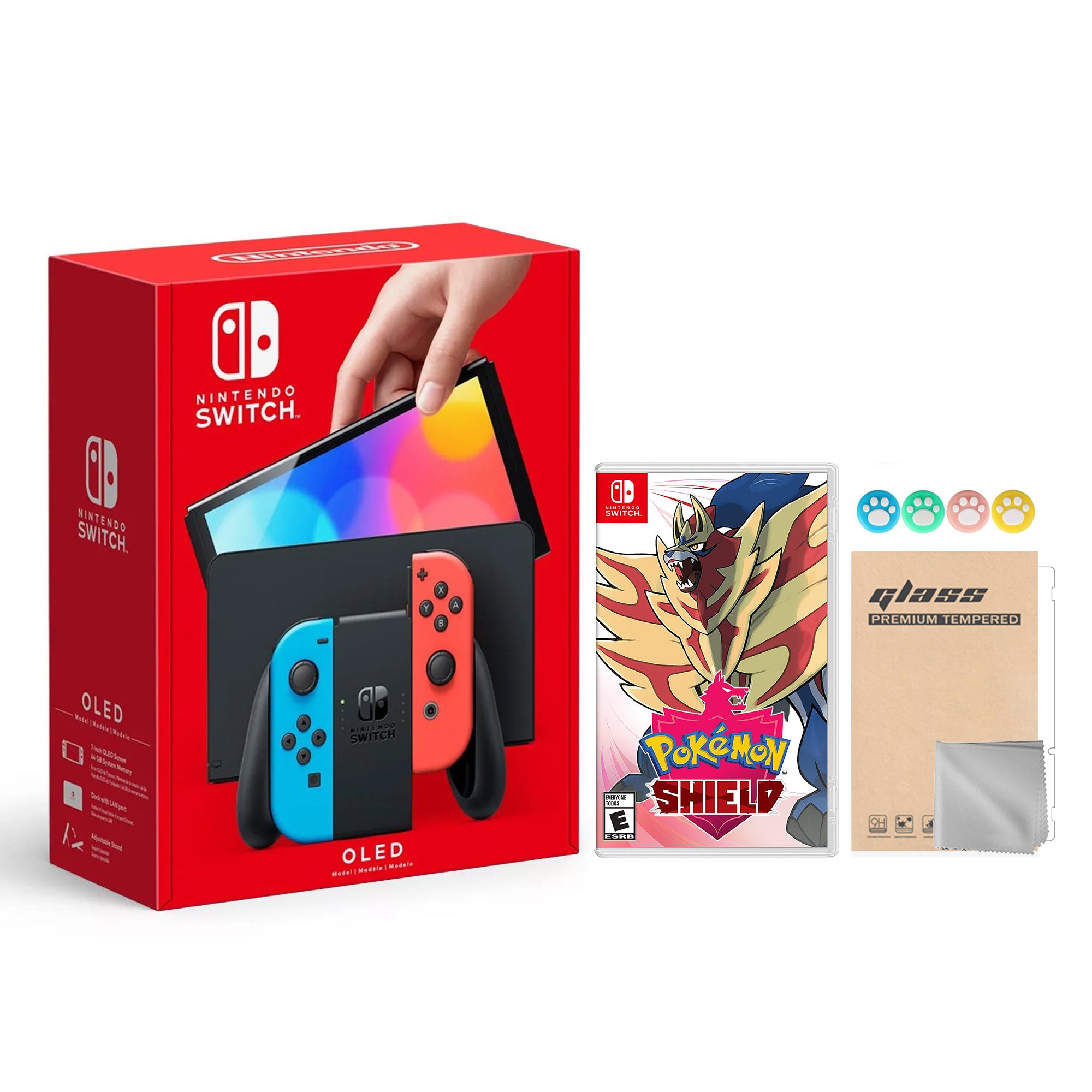2021 New Nintendo Switch OLED Model Neon Red & Blue Joy Con 64GB Console HD Screen & LAN-Port Dock with Pokemon Shield And Mytrix Joystick Caps & Screen Protector