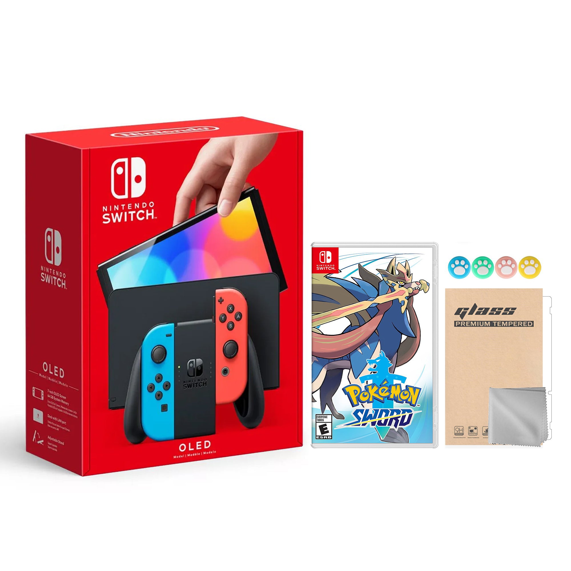 2021 New Nintendo Switch OLED Model Neon Red & Blue Joy Con 64GB Console HD Screen & LAN-Port Dock with Pokemon Sword And Mytrix Joystick Caps & Screen Protector