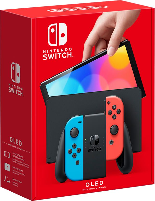 2021 New Nintendo Switch OLED Model Neon Red & Blue Joy Con 64GB Console HD Screen & LAN-Port Dock with Super Mario Odyssey And Mytrix Joystick Caps & Screen Protector