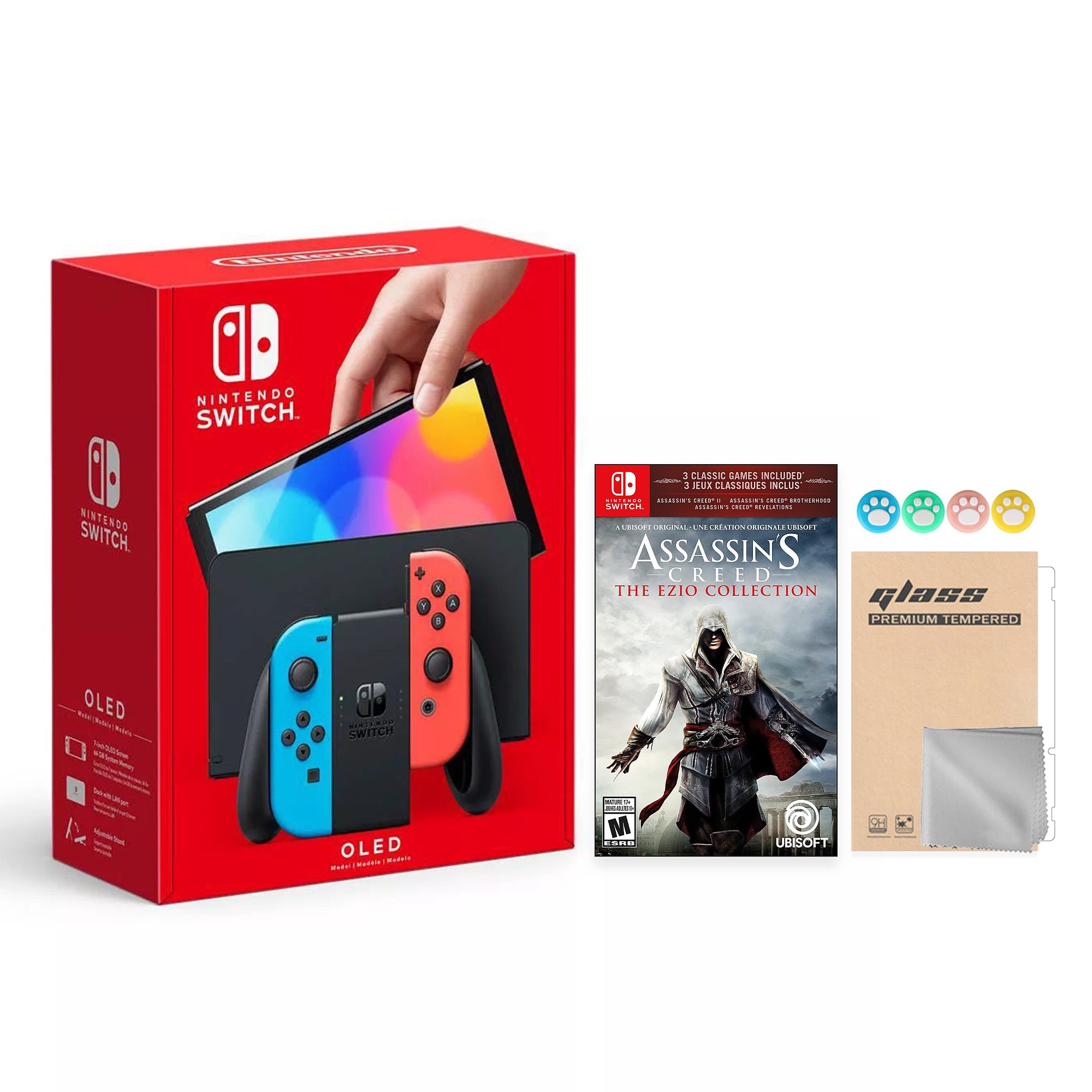 2022 New Nintendo Switch OLED Model Neon Red Blue Joy Con 64GB Console Improved HD Screen & LAN-Port Dock with Assassin's Creed Ezio Collection, Mytrix Joystick Caps & Screen Protector