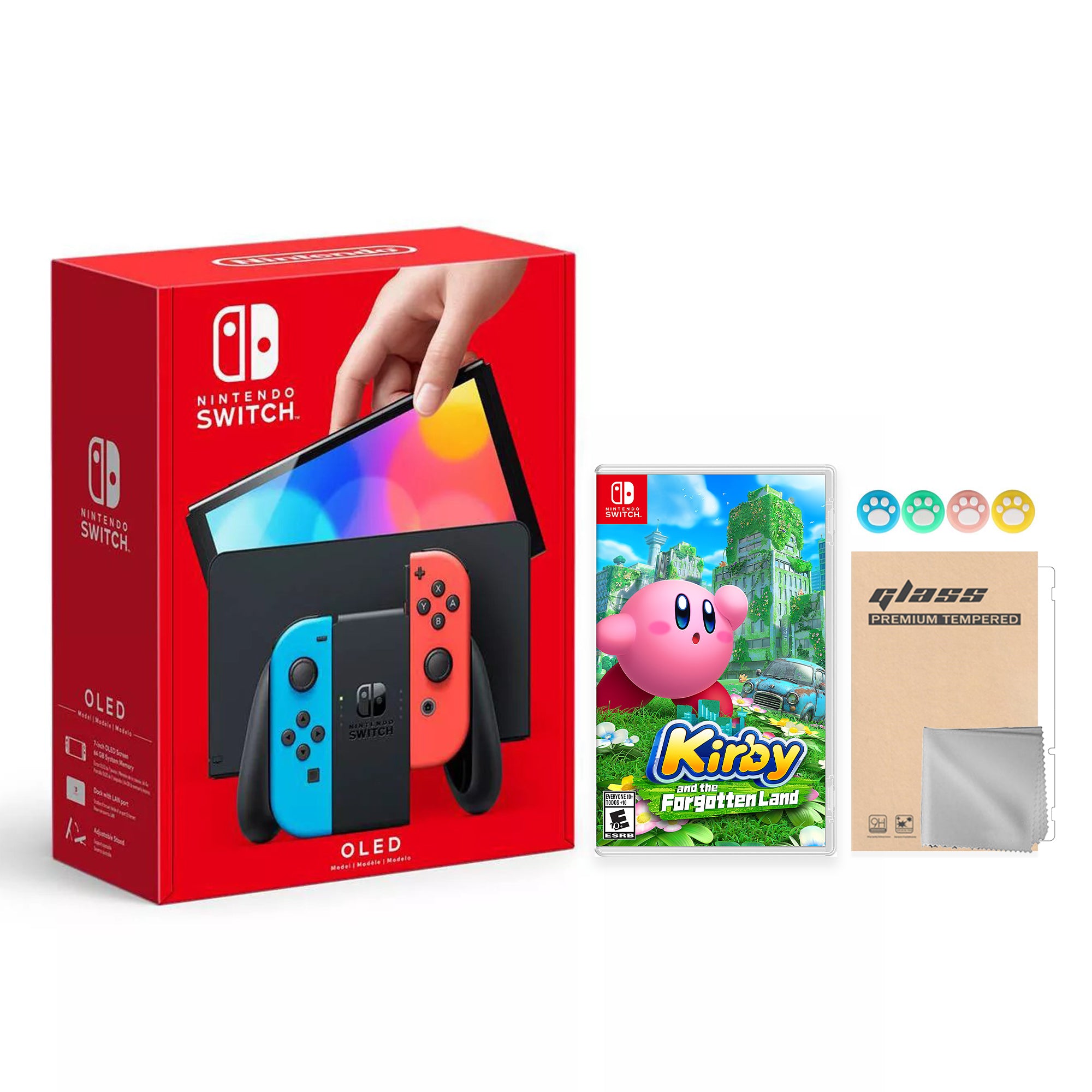 2022 New Nintendo Switch OLED Model Neon Red Blue Joy Con 64GB Console Improved HD Screen & LAN-Port Dock with Kirby and the Forgotten Land, Mytrix Joystick Caps & Screen Protector