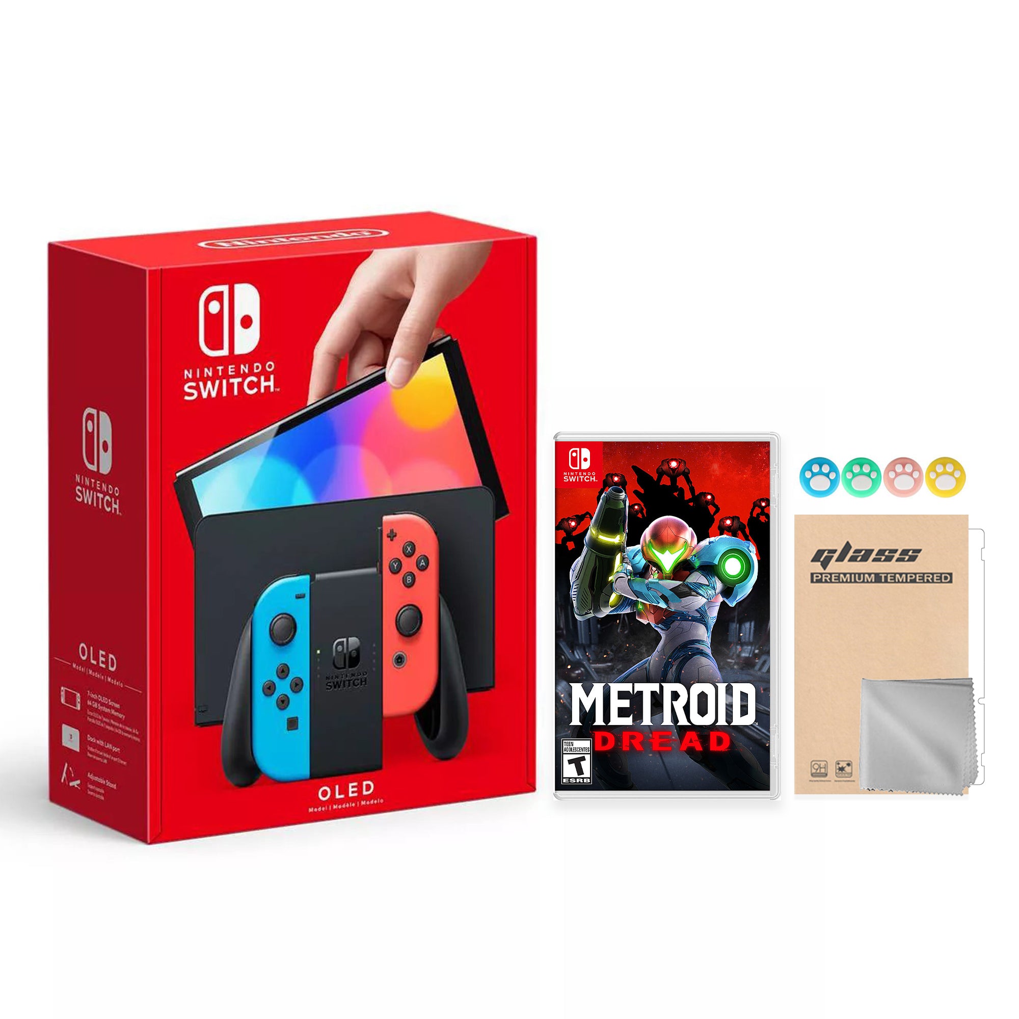 2022 New Nintendo Switch OLED Model Neon Red Blue Joy Con 64GB Console Improved HD Screen & LAN-Port Dock with Metroid Dread, Mytrix Joystick Caps & Screen Protector