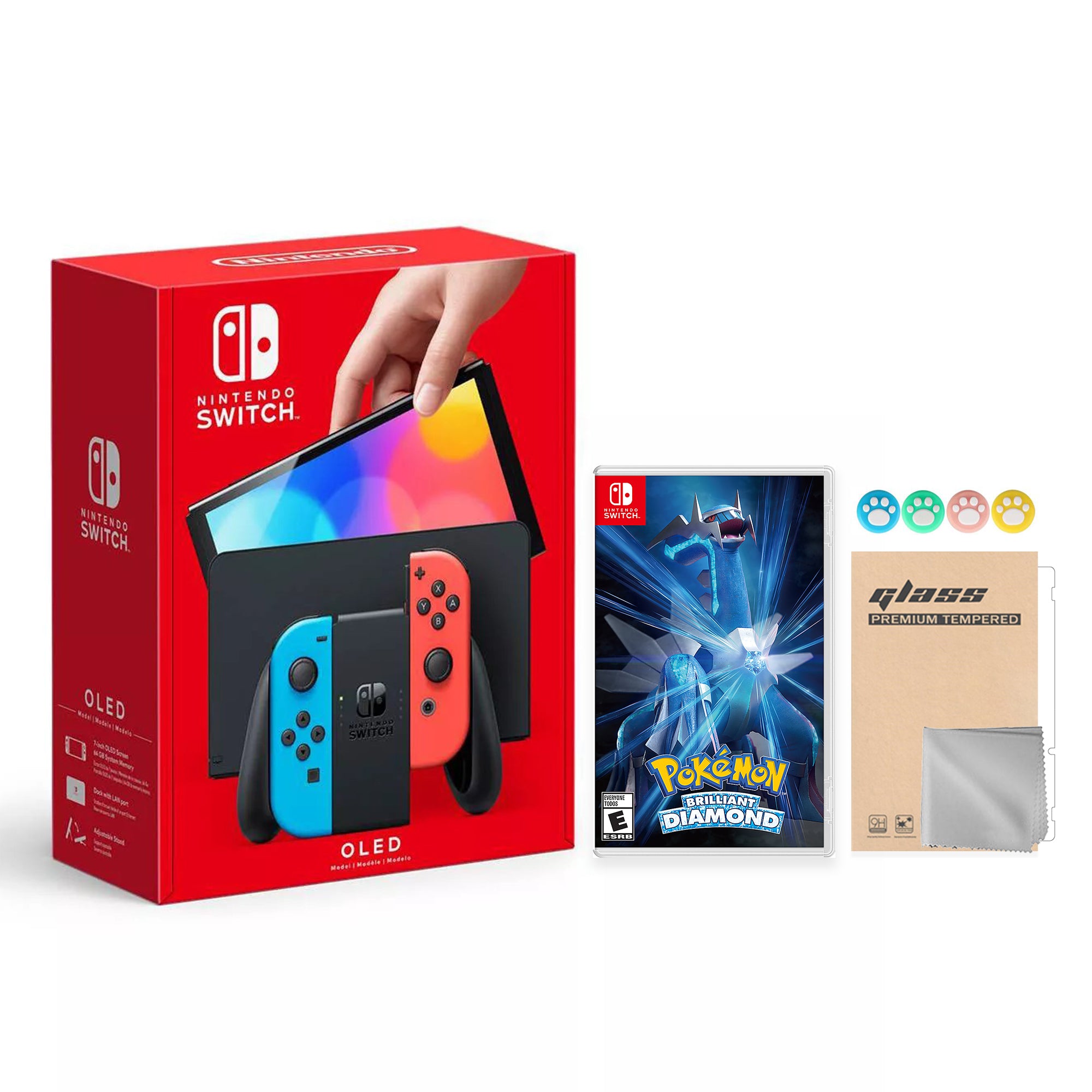 2022 New Nintendo Switch OLED Model Neon Red Blue Joy Con 64GB Console Improved HD Screen & LAN-Port Dock with Pokemon Brilliant Diamond, Mytrix Joystick Caps & Screen Protector